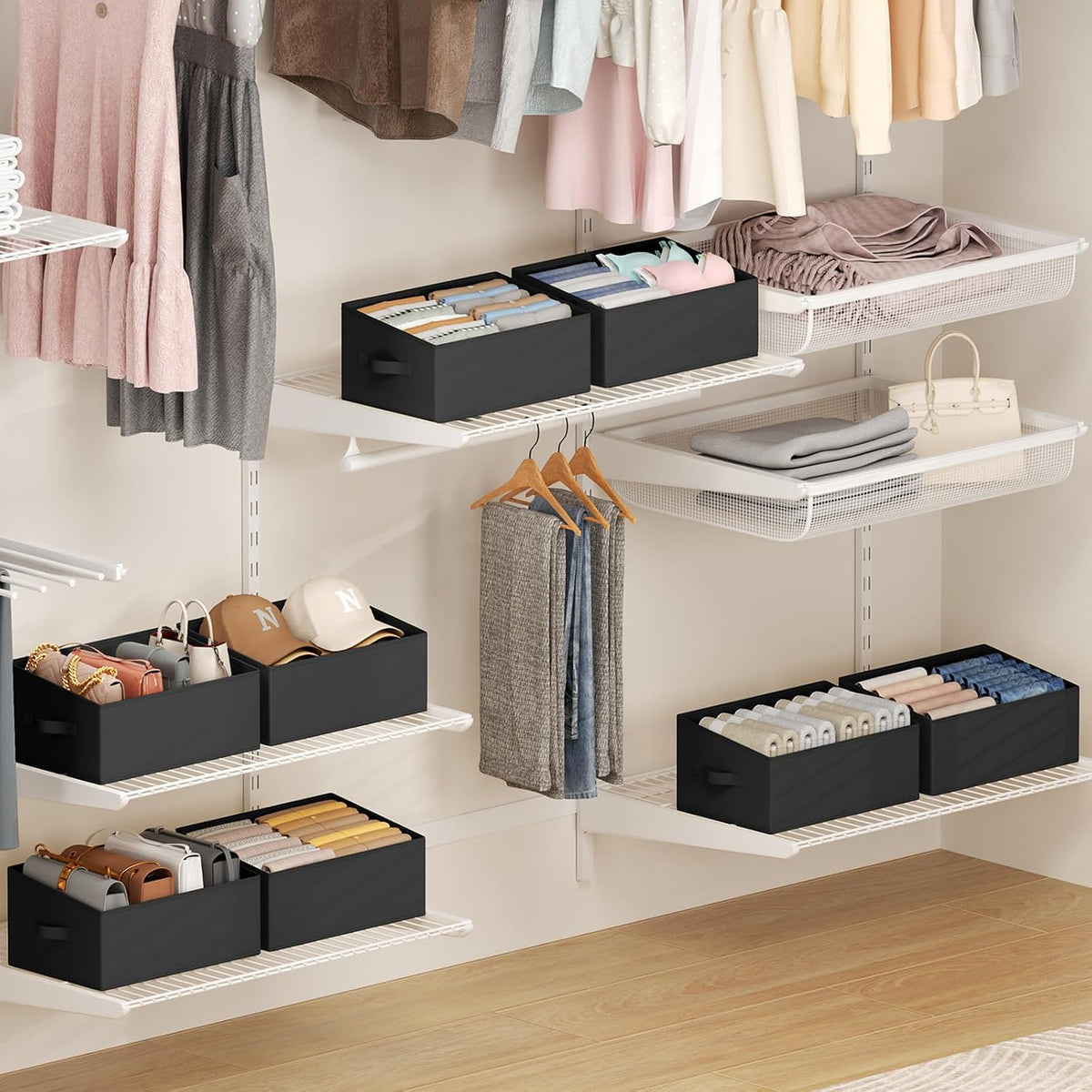 Large Closet Shelf Organizer Bins 6 Packs with Handles and Divider, Fabric Trapezoid Storage Baskets, Foldable Clothes Containers Box for Shelf, Towel, Book, Toy, Purse, Hats, Grey