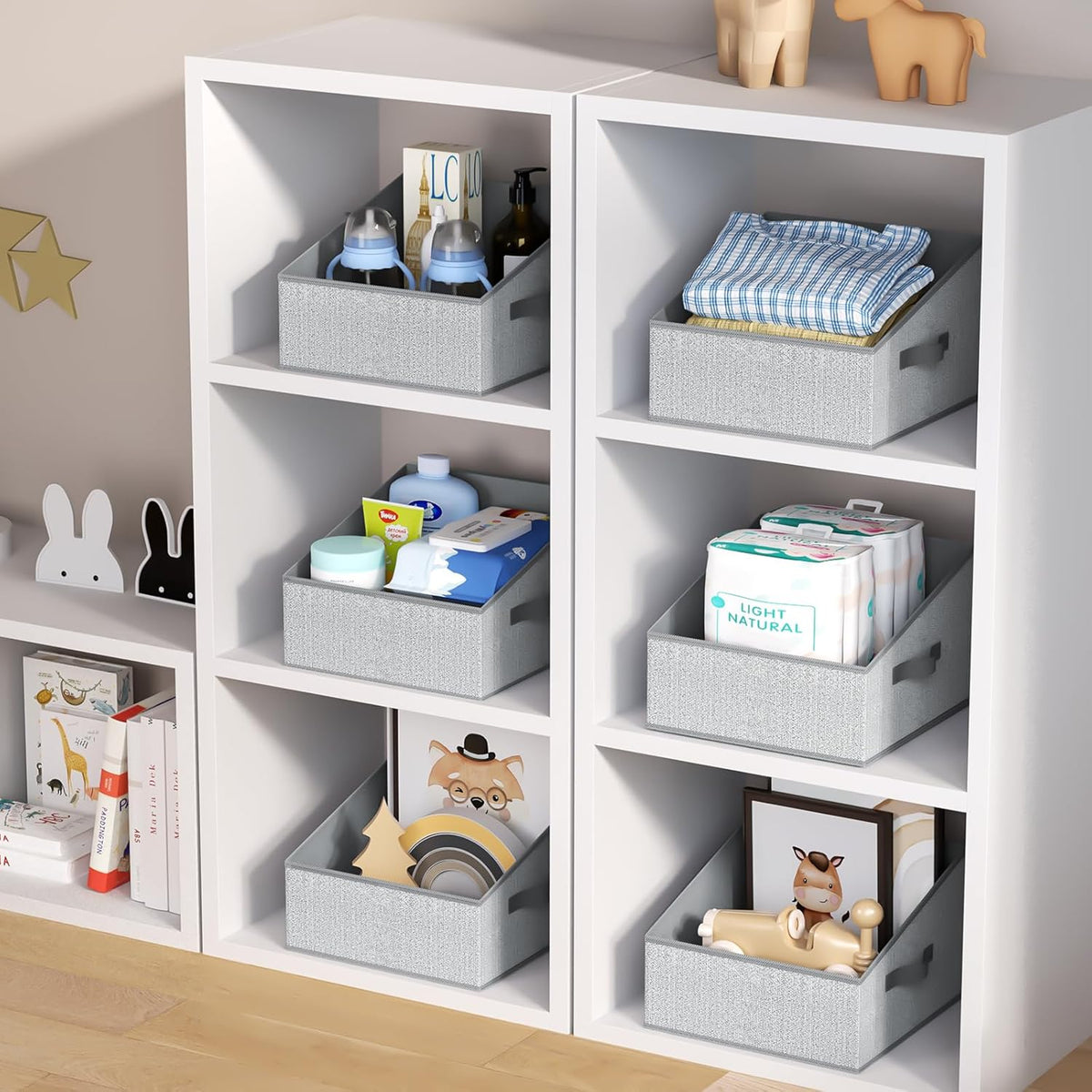 Large Closet Shelf Organizer Bins 6 Packs with Handles and Divider, Fabric Trapezoid Storage Baskets, Foldable Clothes Containers Box for Shelf, Towel, Book, Toy, Purse, Hats, Grey