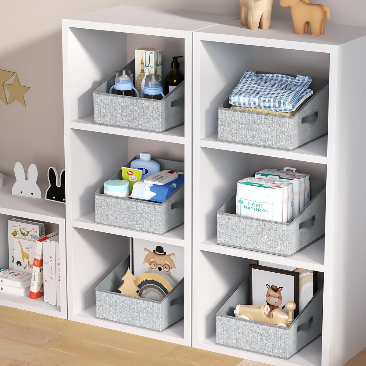 Large Closet Shelf Organizer Bins 6 Packs with Handles and Divider, Fabric Trapezoid Storage Baskets, Foldable Clothes Containers Box for Shelf, Towel, Book, Toy, Purse, Hats, Grey