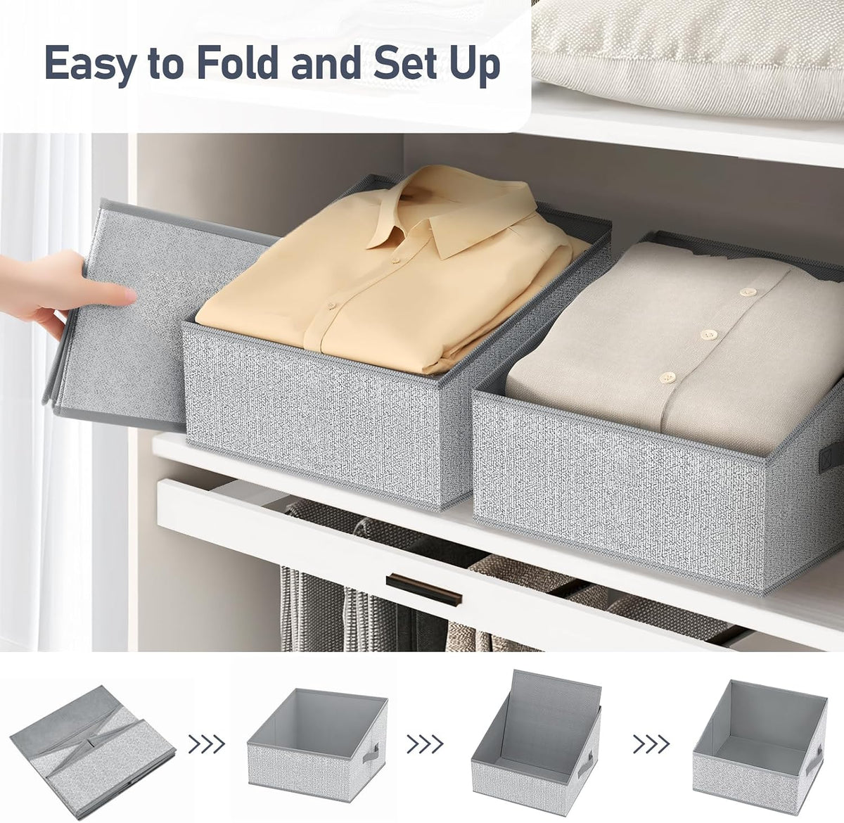 Large Closet Shelf Organizer Bins 6 Packs with Handles and Divider, Fabric Trapezoid Storage Baskets, Foldable Clothes Containers Box for Shelf, Towel, Book, Toy, Purse, Hats, Grey