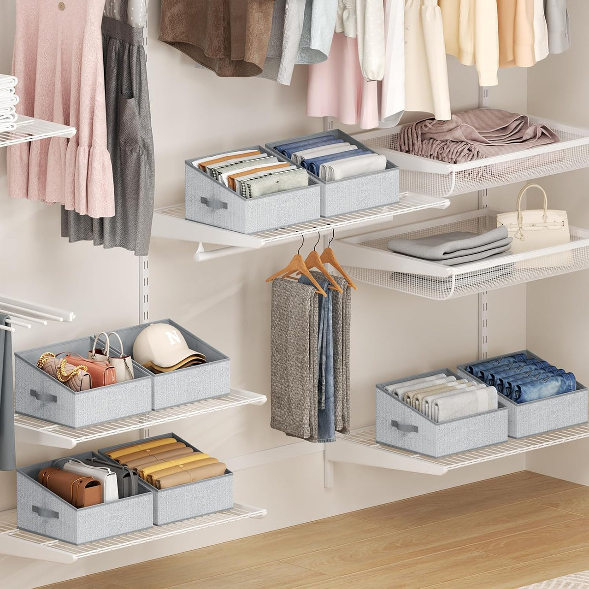 Large Closet Shelf Organizer Bins 6 Packs with Handles and Divider, Fabric Trapezoid Storage Baskets, Foldable Clothes Containers Box for Shelf, Towel, Book, Toy, Purse, Hats, Grey