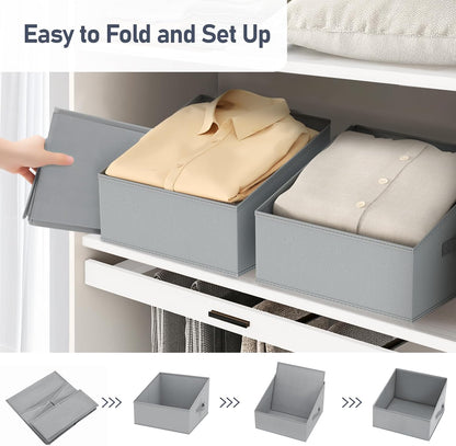 Large Closet Shelf Organizer Bins 6 Packs with Handles and Divider, Fabric Trapezoid Storage Baskets, Foldable Clothes Containers Box for Shelf, Towel, Book, Toy, Purse, Hats, Grey