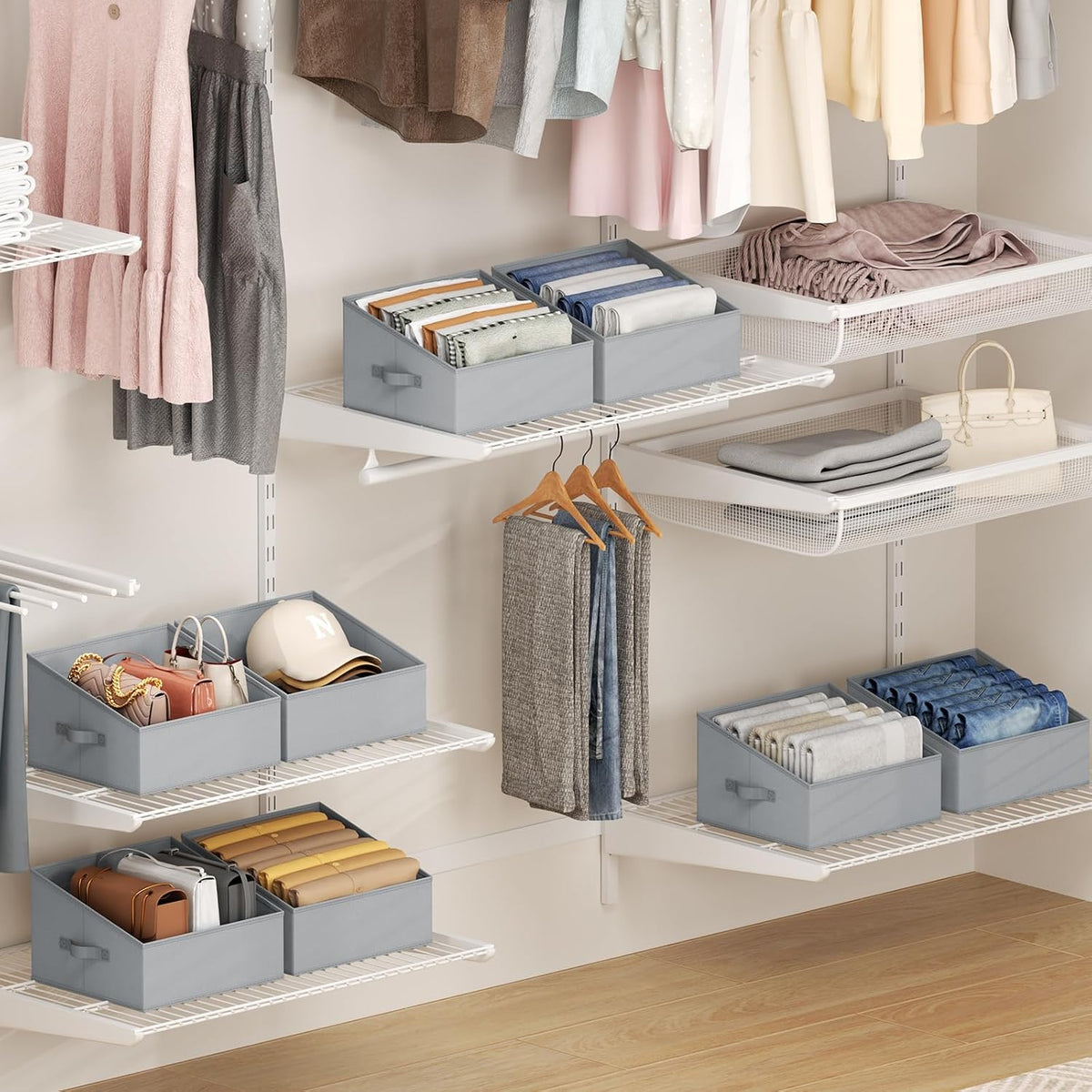 Large Closet Shelf Organizer Bins 6 Packs with Handles and Divider, Fabric Trapezoid Storage Baskets, Foldable Clothes Containers Box for Shelf, Towel, Book, Toy, Purse, Hats, Grey