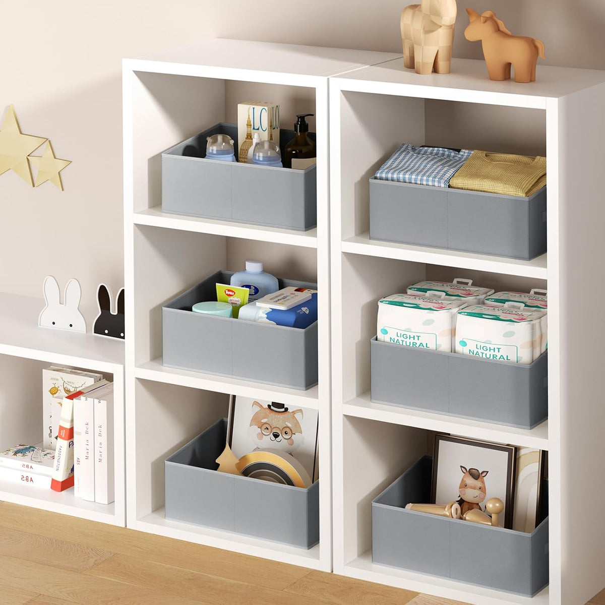 Large Closet Shelf Organizer Bins 6 Packs with Handles and Divider, Fabric Trapezoid Storage Baskets, Foldable Clothes Containers Box for Shelf, Towel, Book, Toy, Purse, Hats, Grey