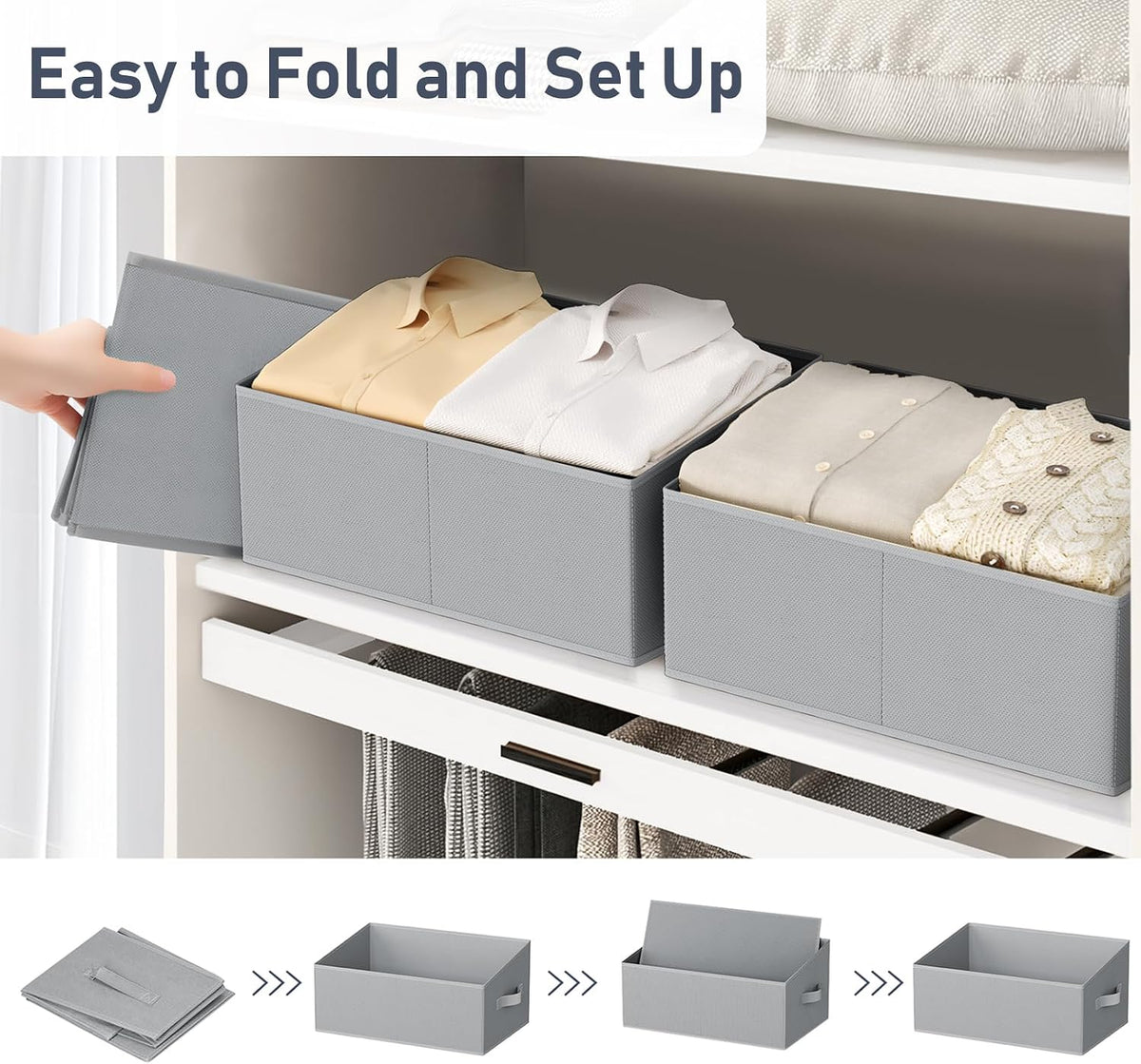 Large Closet Shelf Organizer Bins 6 Packs with Handles and Divider, Fabric Trapezoid Storage Baskets, Foldable Clothes Containers Box for Shelf, Towel, Book, Toy, Purse, Hats, Grey