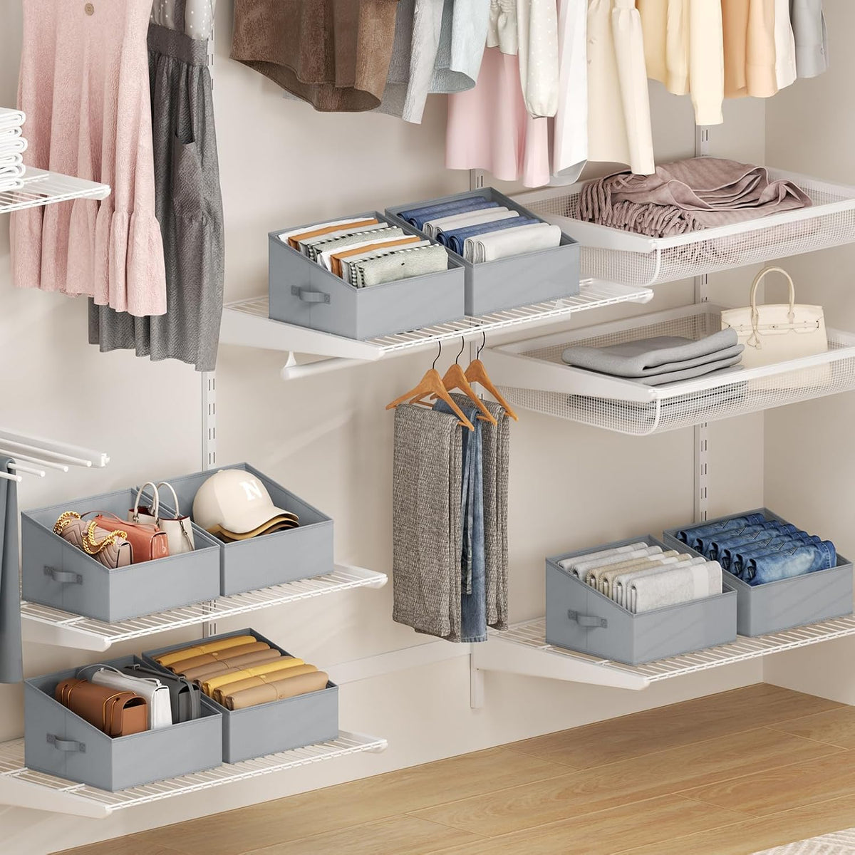 Large Closet Shelf Organizer Bins 6 Packs with Handles and Divider, Fabric Trapezoid Storage Baskets, Foldable Clothes Containers Box for Shelf, Towel, Book, Toy, Purse, Hats, Grey
