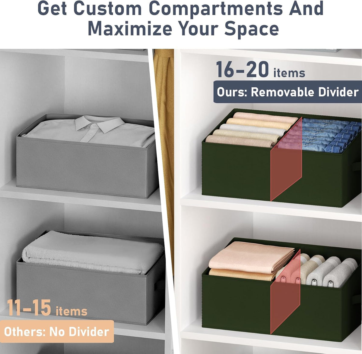 Large Closet Shelf Organizer Bins 6 Packs with Handles and Divider, Fabric Trapezoid Storage Baskets, Foldable Clothes Containers Box for Shelf, Towel, Book, Toy, Purse, Hats, Grey