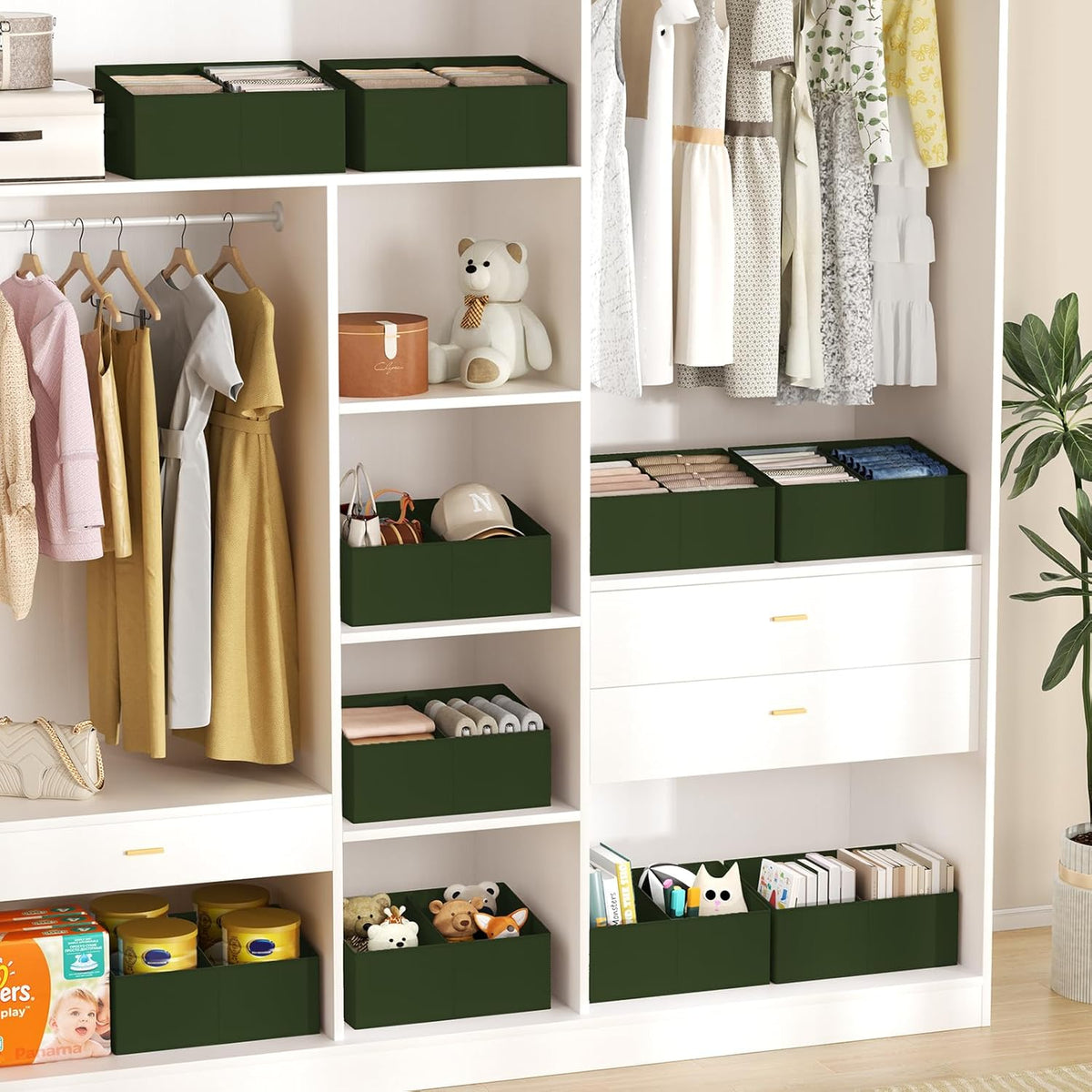 Large Closet Shelf Organizer Bins 6 Packs with Handles and Divider, Fabric Trapezoid Storage Baskets, Foldable Clothes Containers Box for Shelf, Towel, Book, Toy, Purse, Hats, Grey