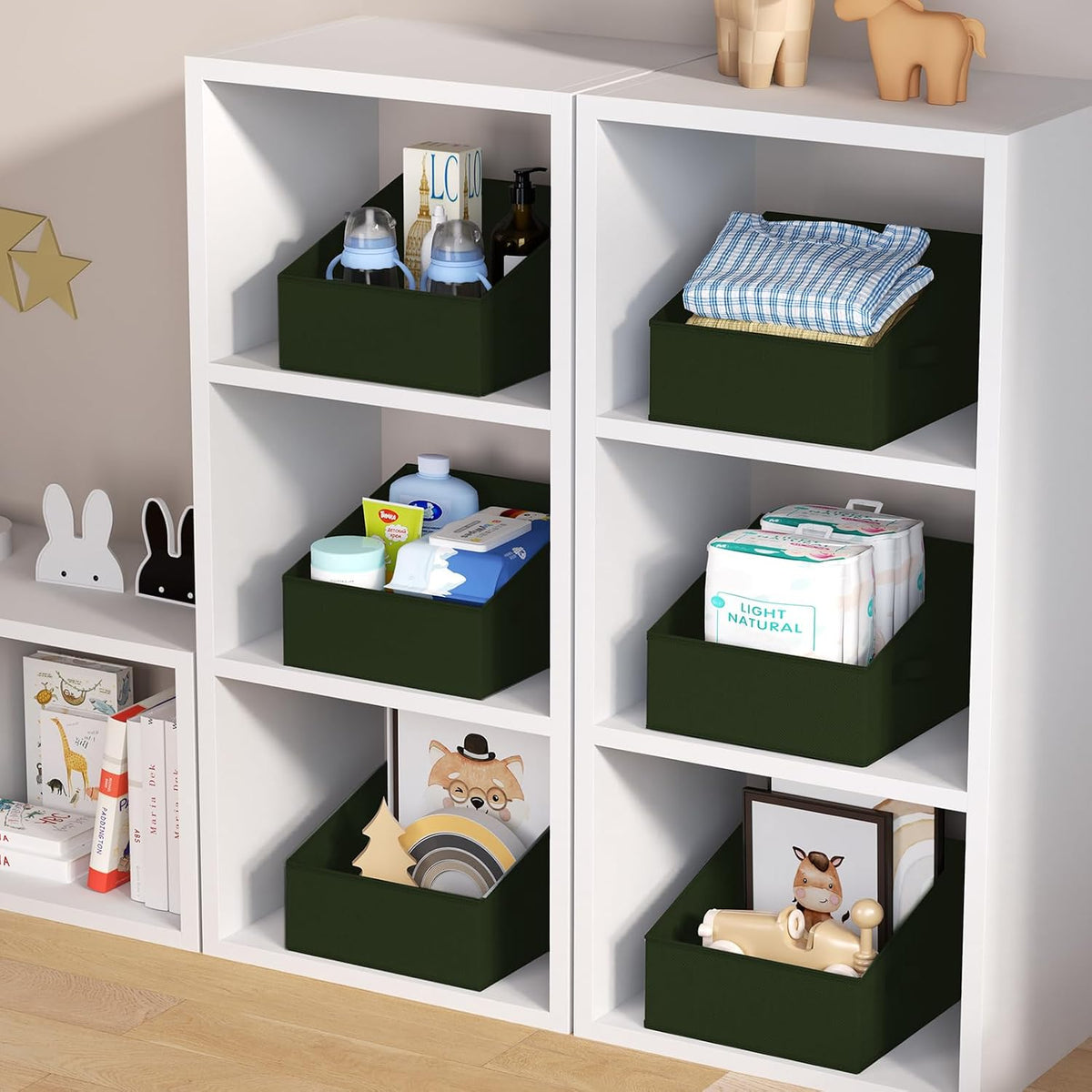 Large Closet Shelf Organizer Bins 6 Packs with Handles and Divider, Fabric Trapezoid Storage Baskets, Foldable Clothes Containers Box for Shelf, Towel, Book, Toy, Purse, Hats, Grey