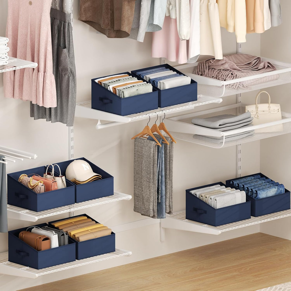 Large Closet Shelf Organizer Bins 6 Packs with Handles and Divider, Fabric Trapezoid Storage Baskets, Foldable Clothes Containers Box for Shelf, Towel, Book, Toy, Purse, Hats, Grey