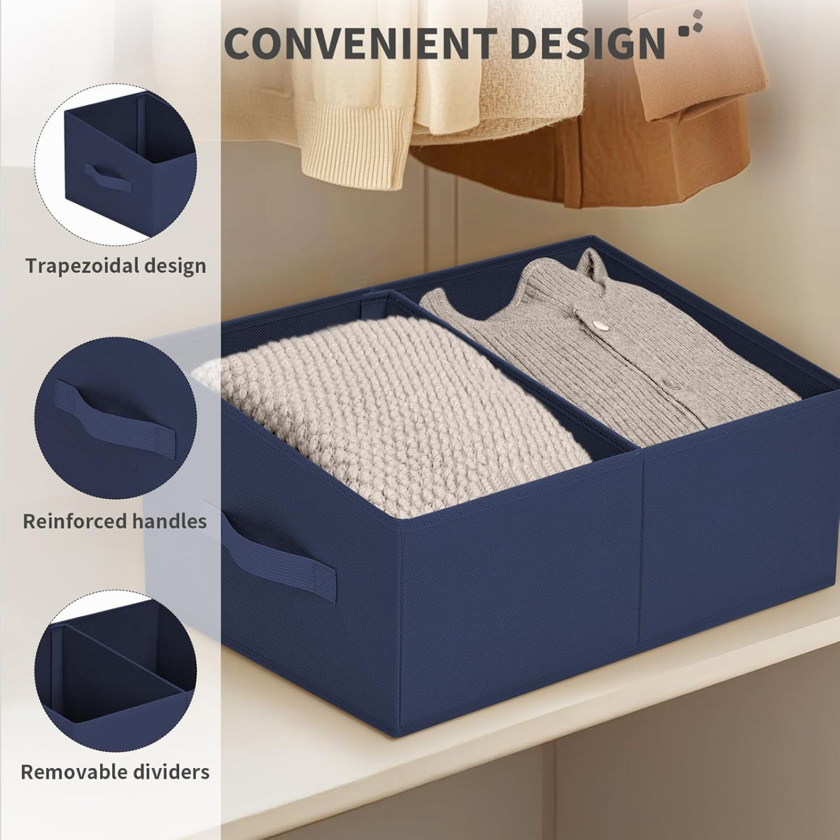 Large Closet Shelf Organizer Bins 6 Packs with Handles and Divider, Fabric Trapezoid Storage Baskets, Foldable Clothes Containers Box for Shelf, Towel, Book, Toy, Purse, Hats, Grey