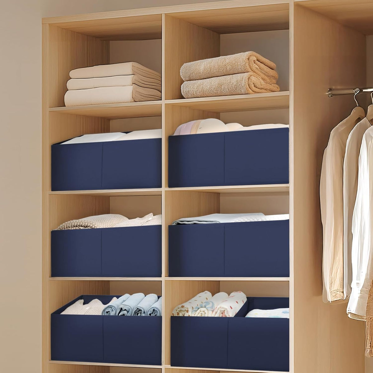 Large Closet Shelf Organizer Bins 6 Packs with Handles and Divider, Fabric Trapezoid Storage Baskets, Foldable Clothes Containers Box for Shelf, Towel, Book, Toy, Purse, Hats, Grey