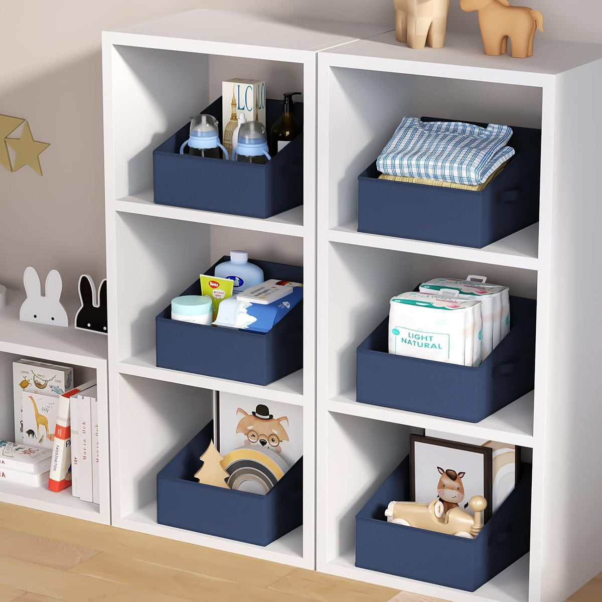 Large Closet Shelf Organizer Bins 6 Packs with Handles and Divider, Fabric Trapezoid Storage Baskets, Foldable Clothes Containers Box for Shelf, Towel, Book, Toy, Purse, Hats, Grey