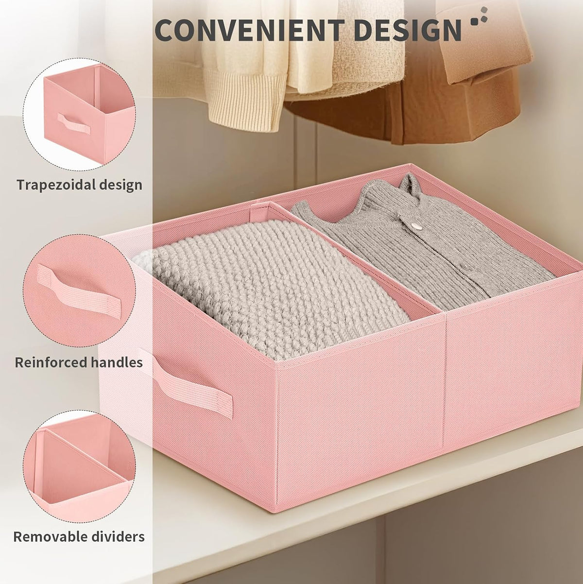 Large Closet Shelf Organizer Bins 6 Packs with Handles and Divider, Fabric Trapezoid Storage Baskets, Foldable Clothes Containers Box for Shelf, Towel, Book, Toy, Purse, Hats, Grey
