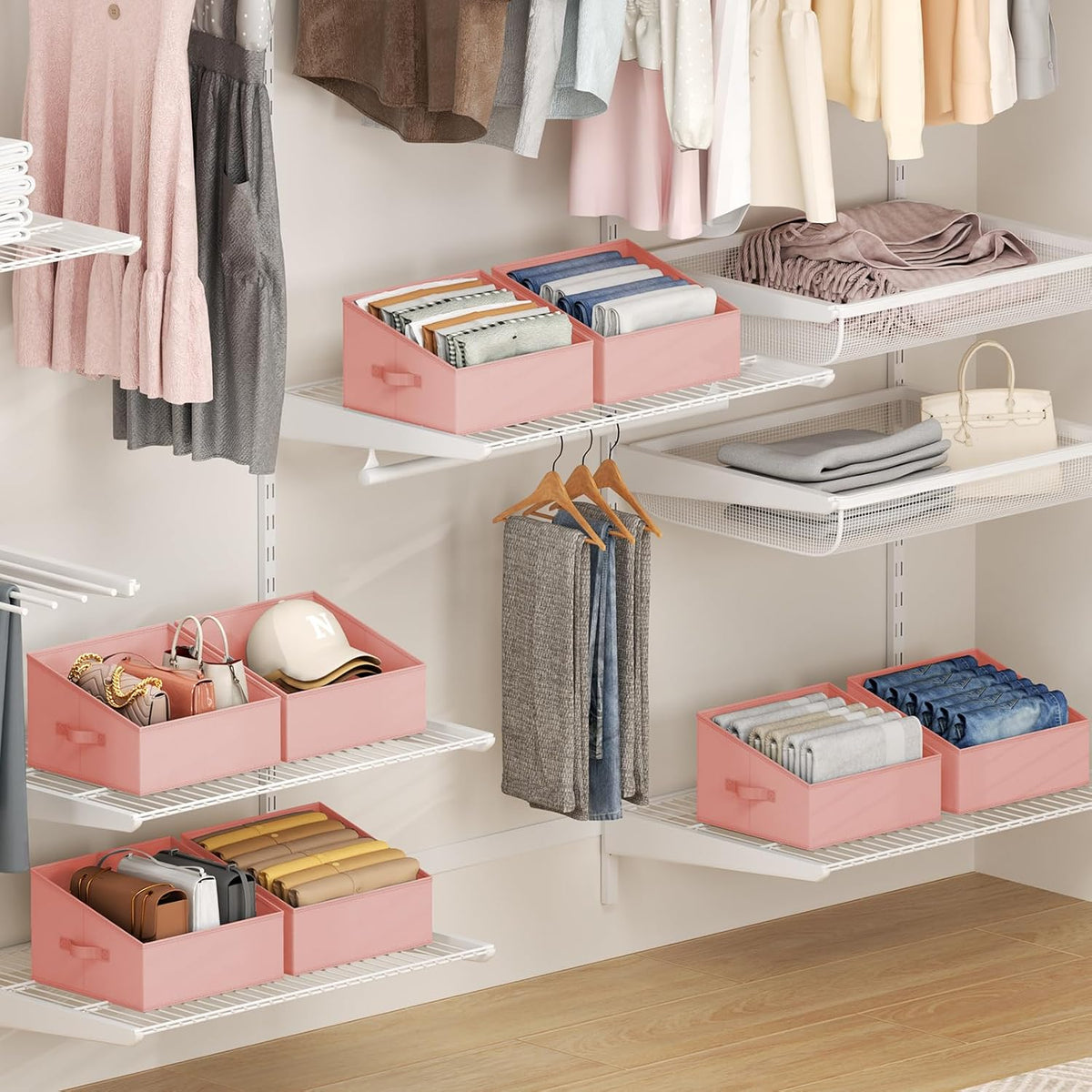 Large Closet Shelf Organizer Bins 6 Packs with Handles and Divider, Fabric Trapezoid Storage Baskets, Foldable Clothes Containers Box for Shelf, Towel, Book, Toy, Purse, Hats, Grey