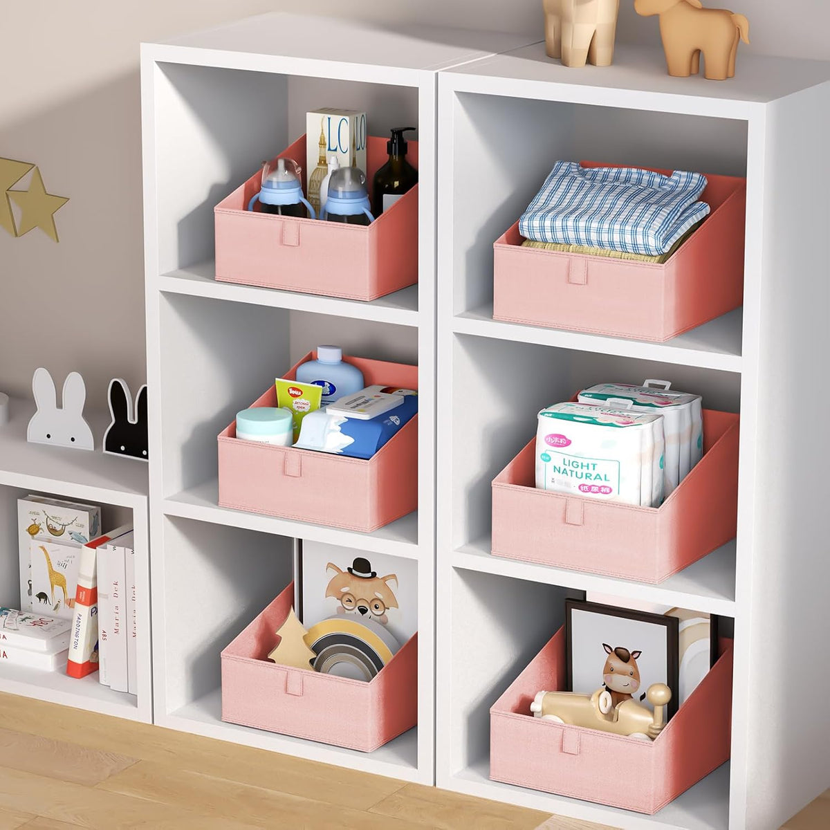 Large Closet Shelf Organizer Bins 6 Packs with Handles and Divider, Fabric Trapezoid Storage Baskets, Foldable Clothes Containers Box for Shelf, Towel, Book, Toy, Purse, Hats, Grey