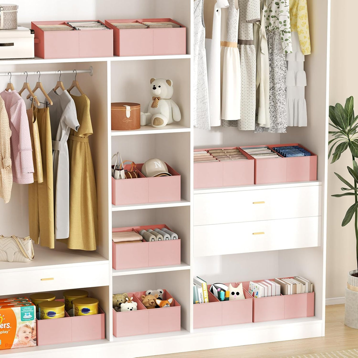 Large Closet Shelf Organizer Bins 6 Packs with Handles and Divider, Fabric Trapezoid Storage Baskets, Foldable Clothes Containers Box for Shelf, Towel, Book, Toy, Purse, Hats, Grey