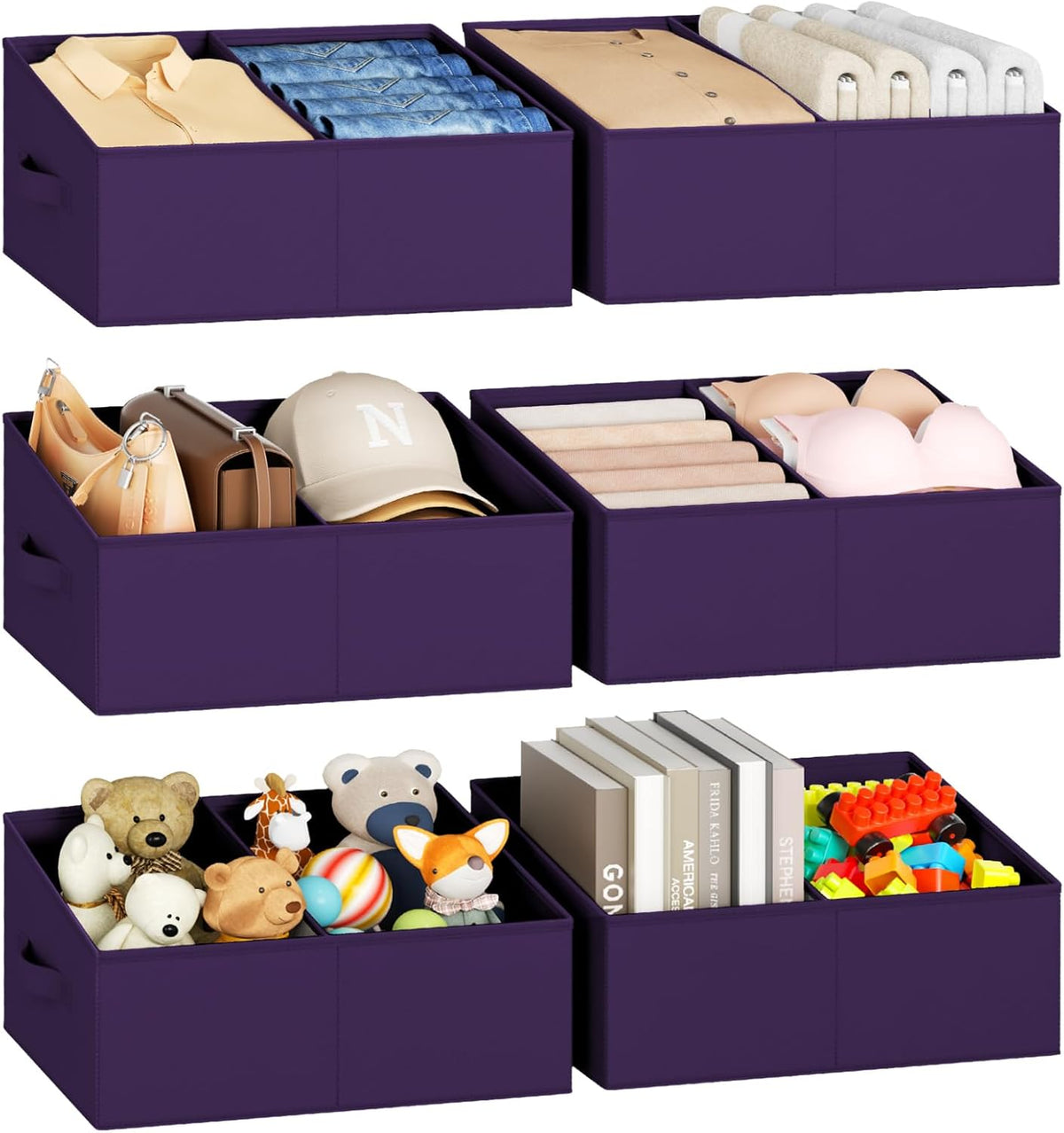 Large Closet Shelf Organizer Bins 6 Packs with Handles and Divider, Fabric Trapezoid Storage Baskets, Foldable Clothes Containers Box for Shelf, Towel, Book, Toy, Purse, Hats, Grey
