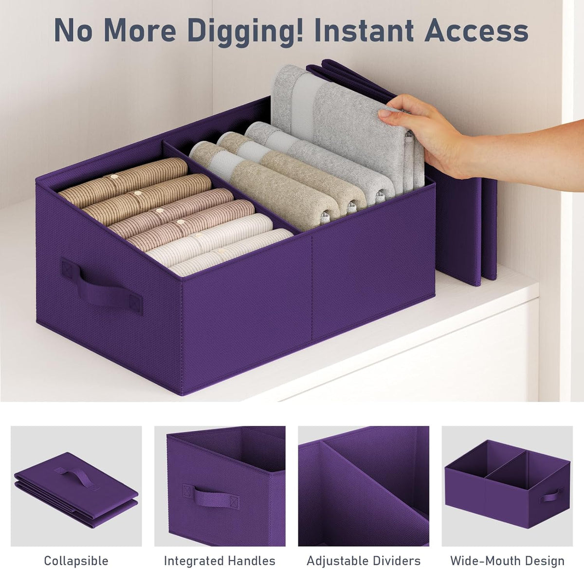 Large Closet Shelf Organizer Bins 6 Packs with Handles and Divider, Fabric Trapezoid Storage Baskets, Foldable Clothes Containers Box for Shelf, Towel, Book, Toy, Purse, Hats, Grey