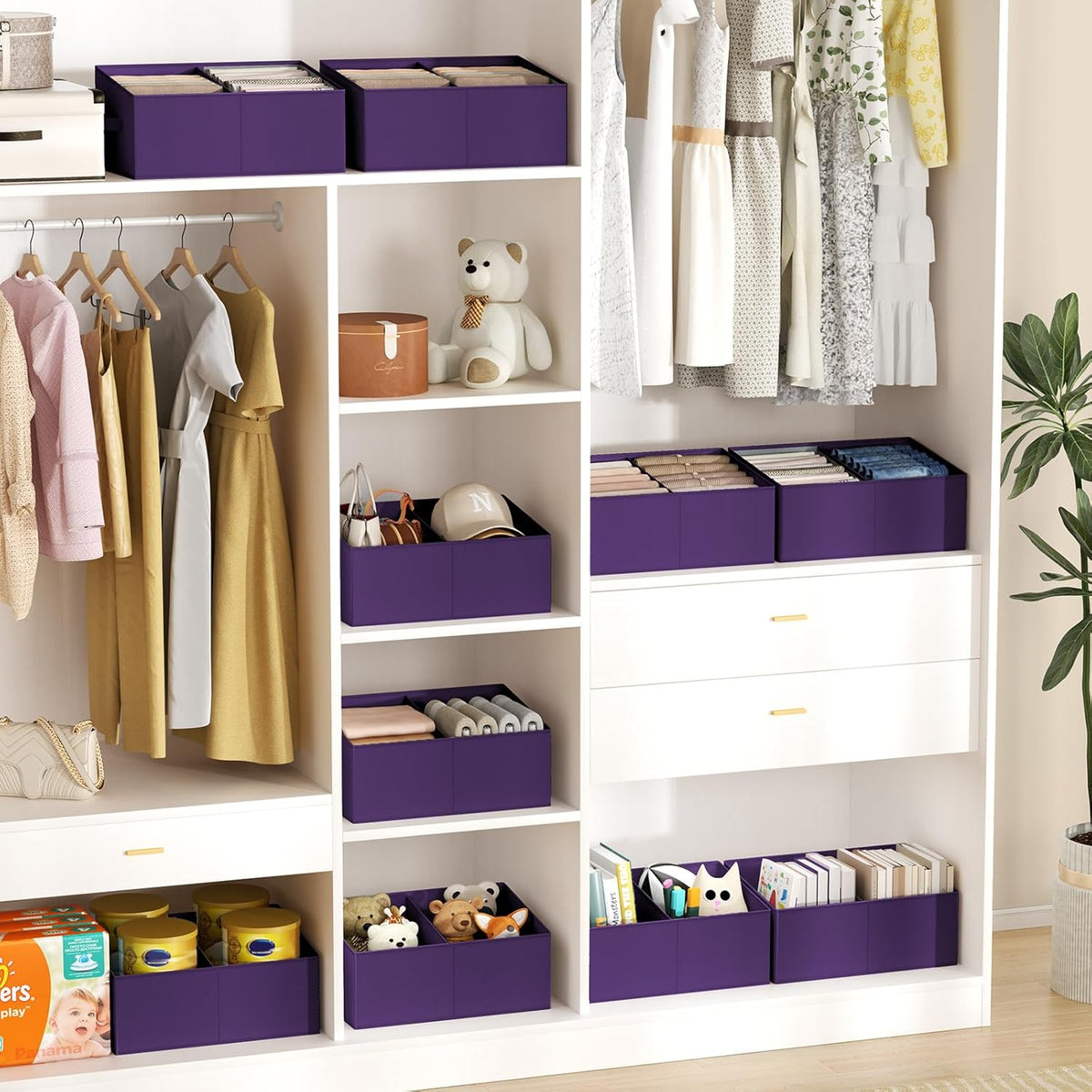 Large Closet Shelf Organizer Bins 6 Packs with Handles and Divider, Fabric Trapezoid Storage Baskets, Foldable Clothes Containers Box for Shelf, Towel, Book, Toy, Purse, Hats, Grey