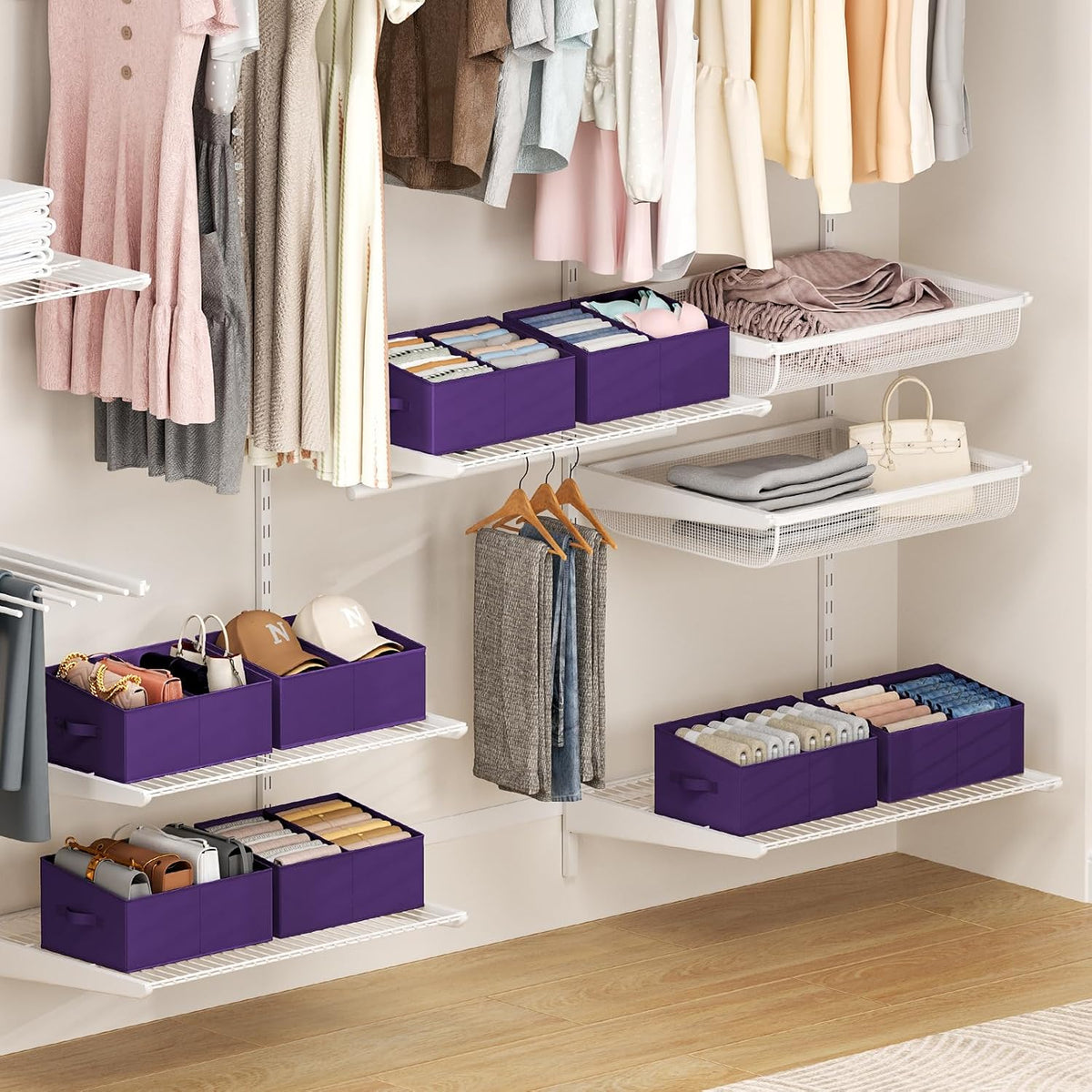 Large Closet Shelf Organizer Bins 6 Packs with Handles and Divider, Fabric Trapezoid Storage Baskets, Foldable Clothes Containers Box for Shelf, Towel, Book, Toy, Purse, Hats, Grey