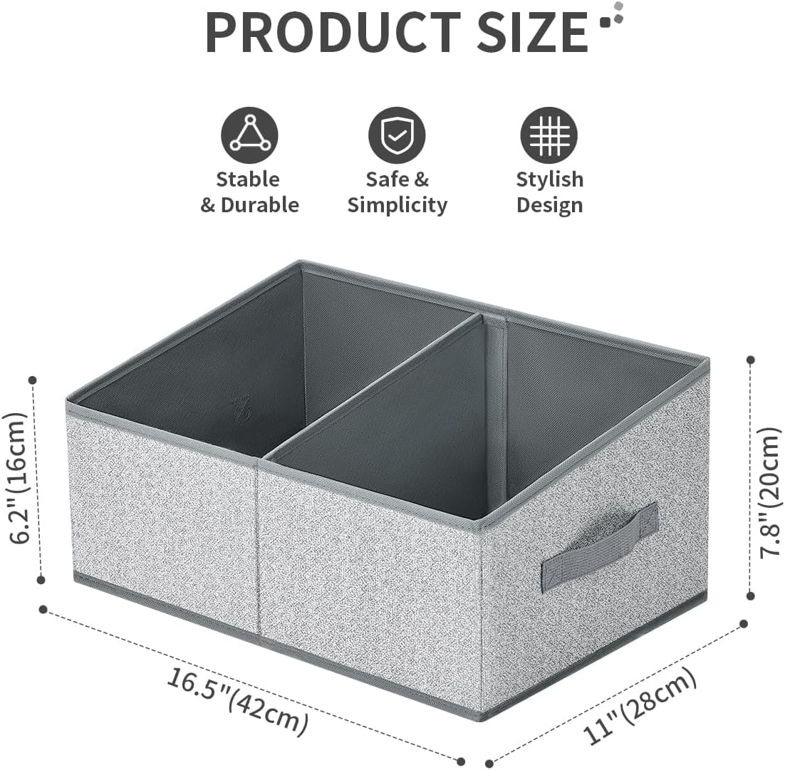 Large Closet Shelf Organizer Bins 6 Packs with Handles and Divider, Fabric Trapezoid Storage Baskets, Foldable Clothes Containers Box for Shelf, Towel, Book, Toy, Purse, Hats, Grey
