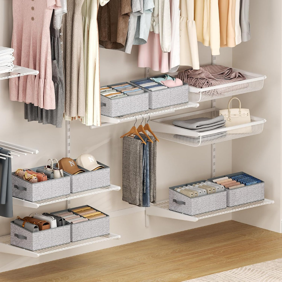 Large Closet Shelf Organizer Bins 6 Packs with Handles and Divider, Fabric Trapezoid Storage Baskets, Foldable Clothes Containers Box for Shelf, Towel, Book, Toy, Purse, Hats, Grey