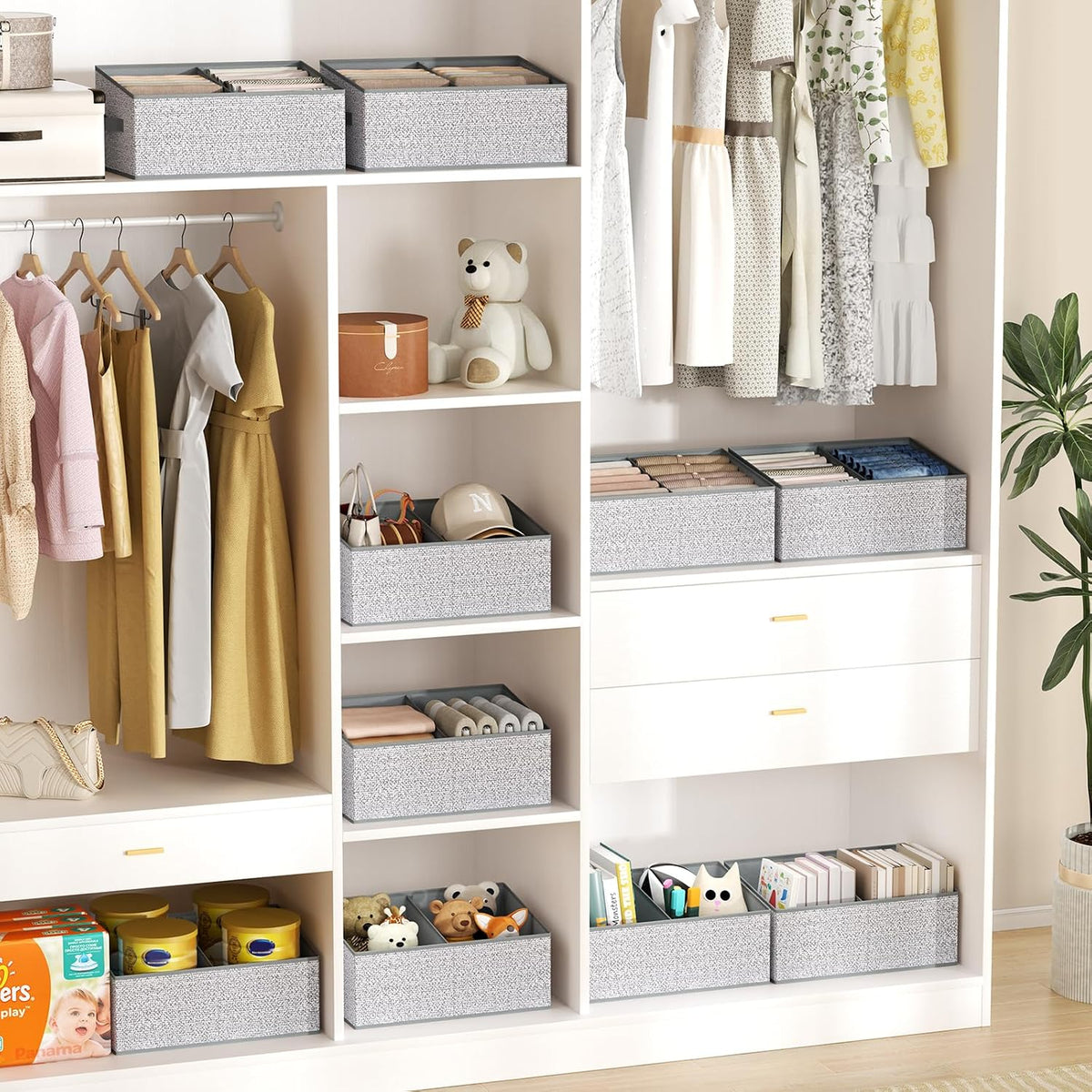 Large Closet Shelf Organizer Bins 6 Packs with Handles and Divider, Fabric Trapezoid Storage Baskets, Foldable Clothes Containers Box for Shelf, Towel, Book, Toy, Purse, Hats, Grey