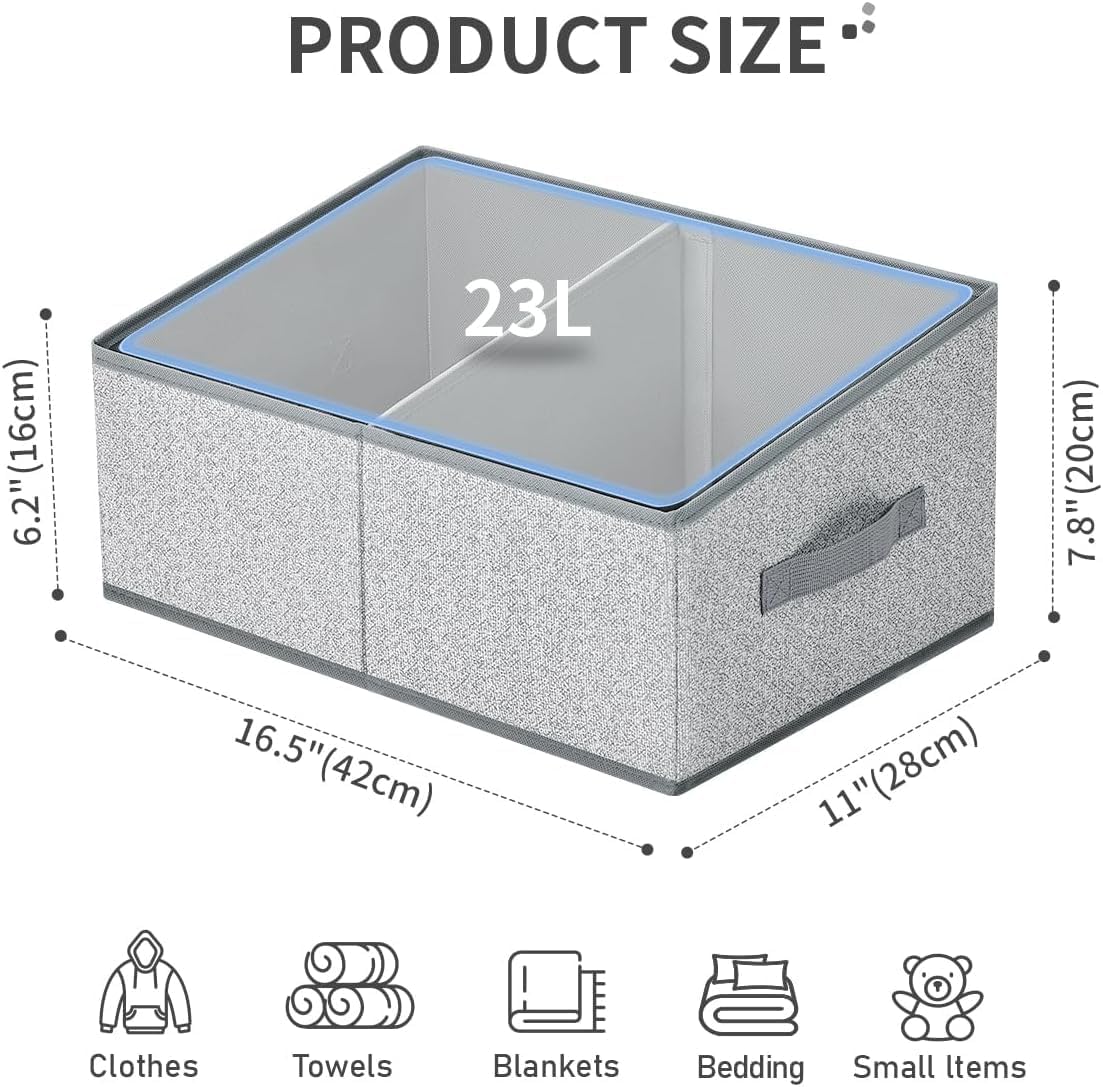 Large Closet Shelf Organizer Bins 6 Packs with Handles and Divider, Fabric Trapezoid Storage Baskets, Foldable Clothes Containers Box for Shelf, Towel, Book, Toy, Purse, Hats, Grey