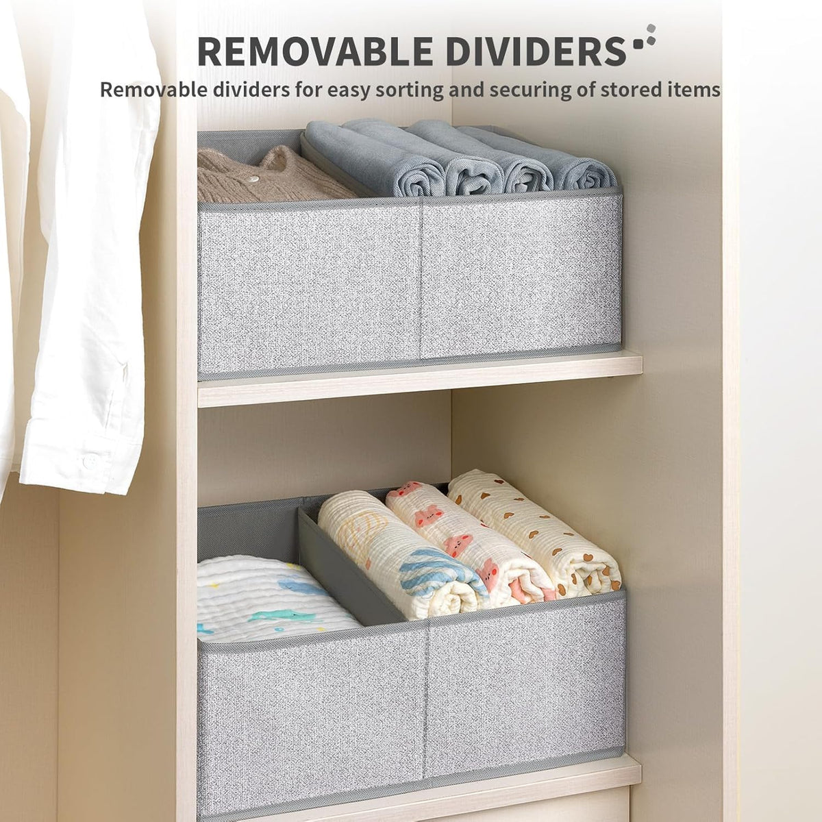 Large Closet Shelf Organizer Bins 6 Packs with Handles and Divider, Fabric Trapezoid Storage Baskets, Foldable Clothes Containers Box for Shelf, Towel, Book, Toy, Purse, Hats, Grey