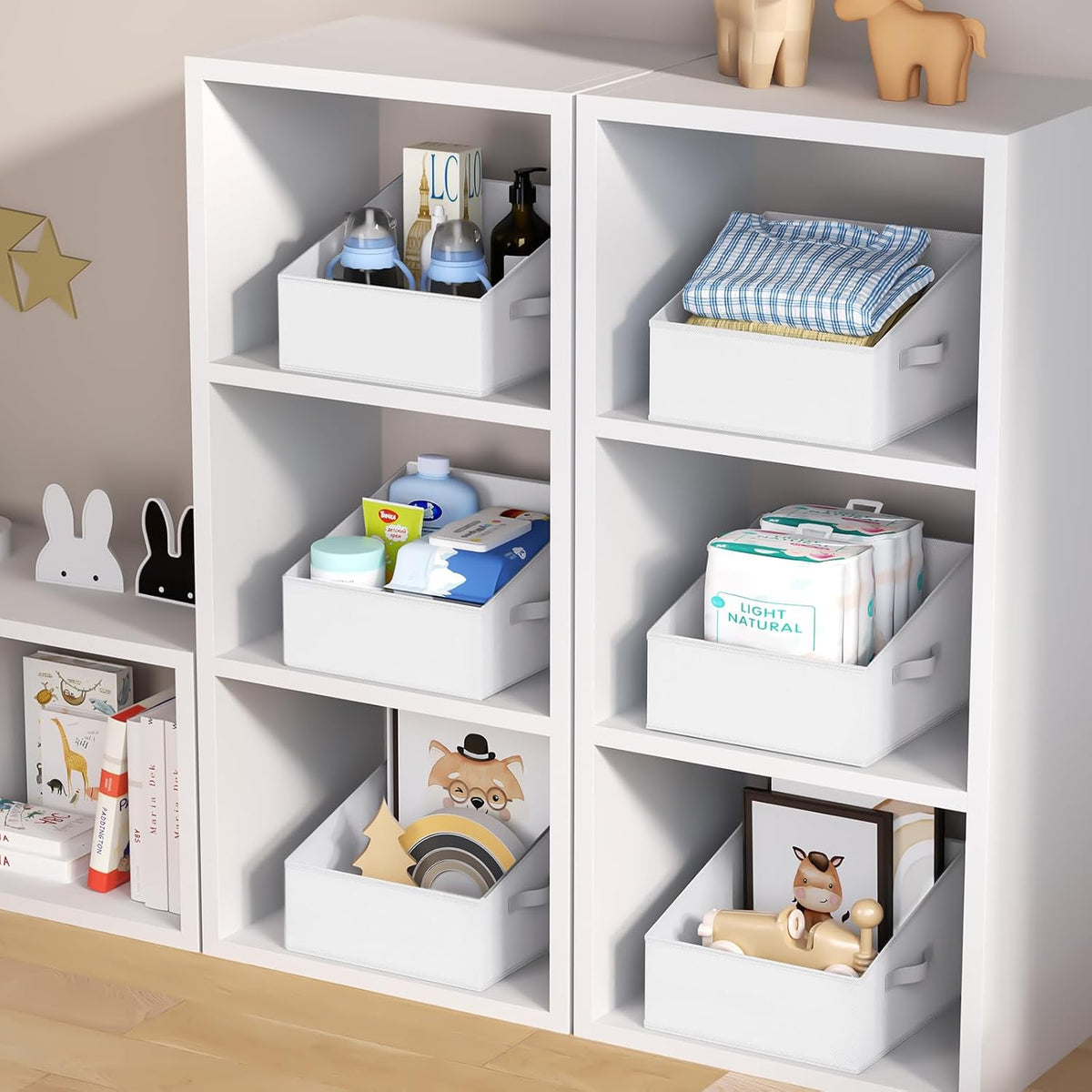 Large Closet Shelf Organizer Bins 6 Packs with Handles and Divider, Fabric Trapezoid Storage Baskets, Foldable Clothes Containers Box for Shelf, Towel, Book, Toy, Purse, Hats, Grey