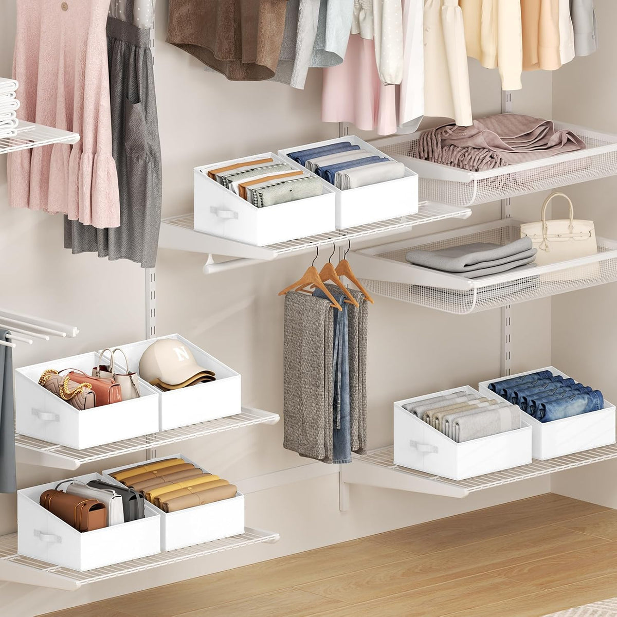 Large Closet Shelf Organizer Bins 6 Packs with Handles and Divider, Fabric Trapezoid Storage Baskets, Foldable Clothes Containers Box for Shelf, Towel, Book, Toy, Purse, Hats, Grey