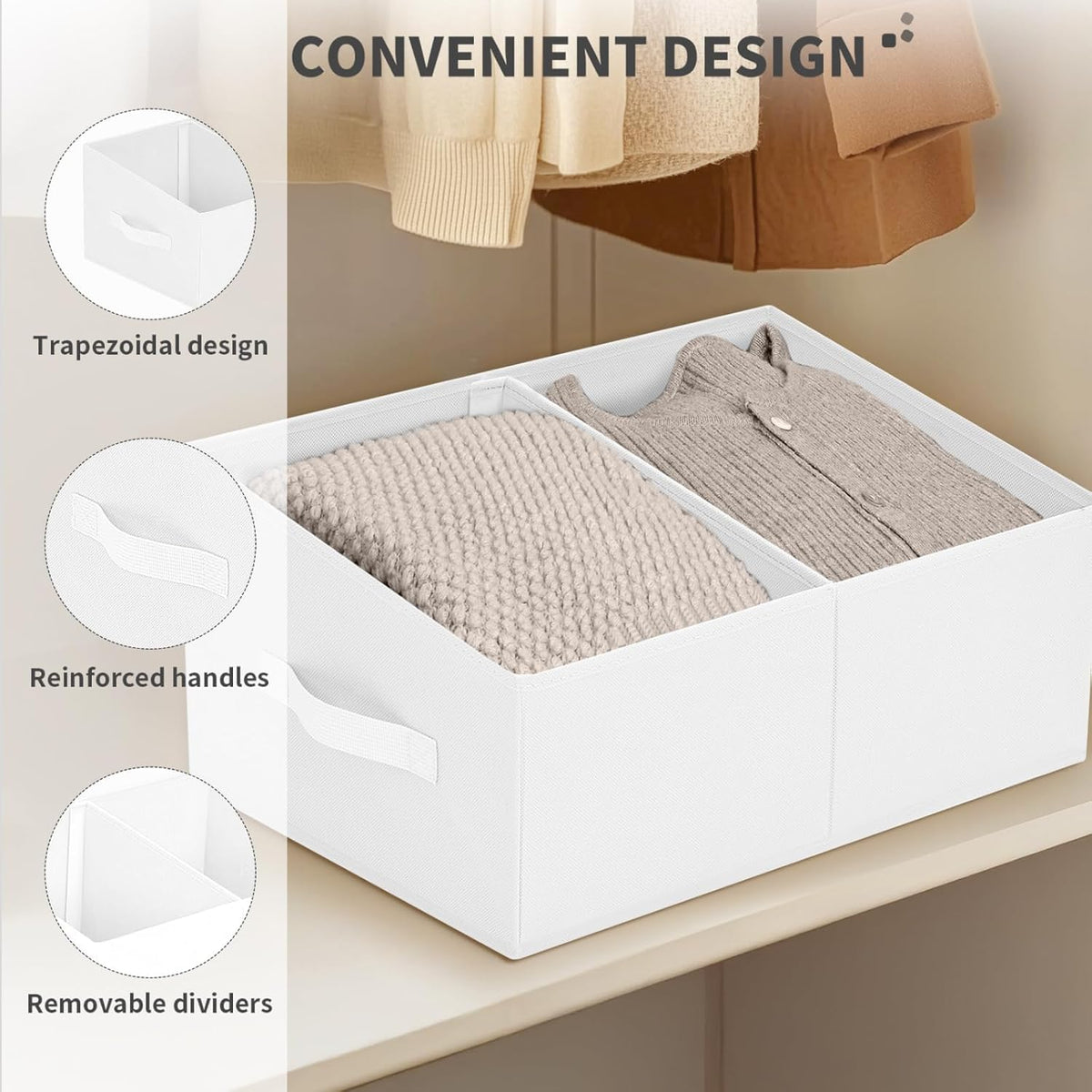Large Closet Shelf Organizer Bins 6 Packs with Handles and Divider, Fabric Trapezoid Storage Baskets, Foldable Clothes Containers Box for Shelf, Towel, Book, Toy, Purse, Hats, Grey