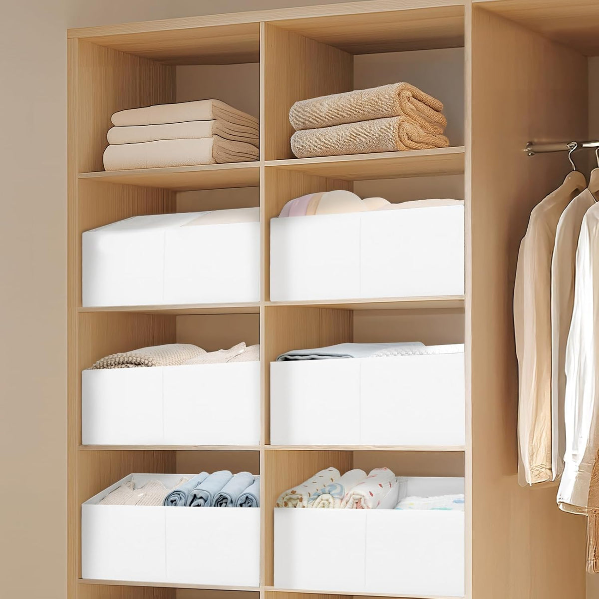 Large Closet Shelf Organizer Bins 6 Packs with Handles and Divider, Fabric Trapezoid Storage Baskets, Foldable Clothes Containers Box for Shelf, Towel, Book, Toy, Purse, Hats, Grey