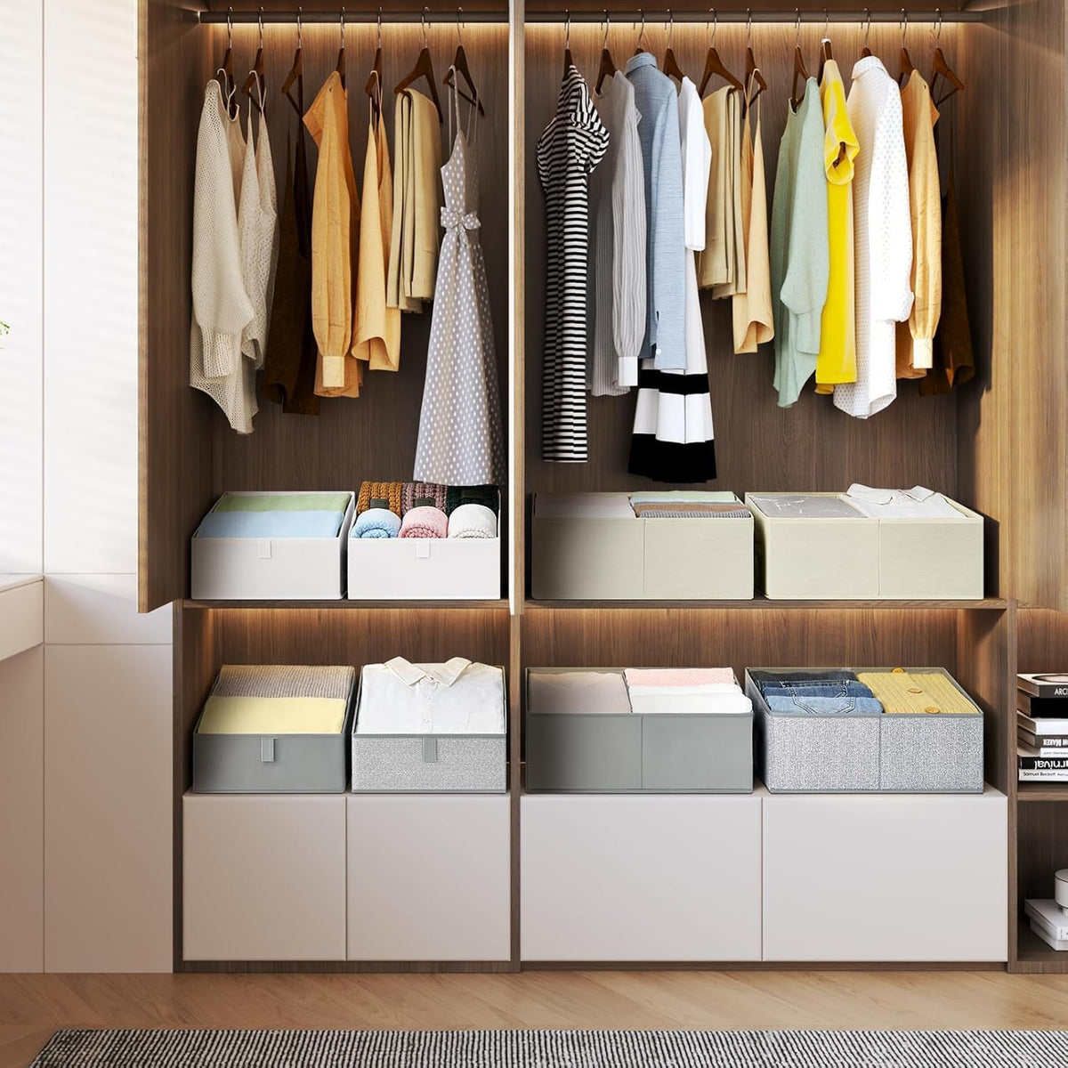 Large Closet Shelf Organizer Bins 6 Packs with Handles and Divider, Fabric Trapezoid Storage Baskets, Foldable Clothes Containers Box for Shelf, Towel, Book, Toy, Purse, Hats, Grey