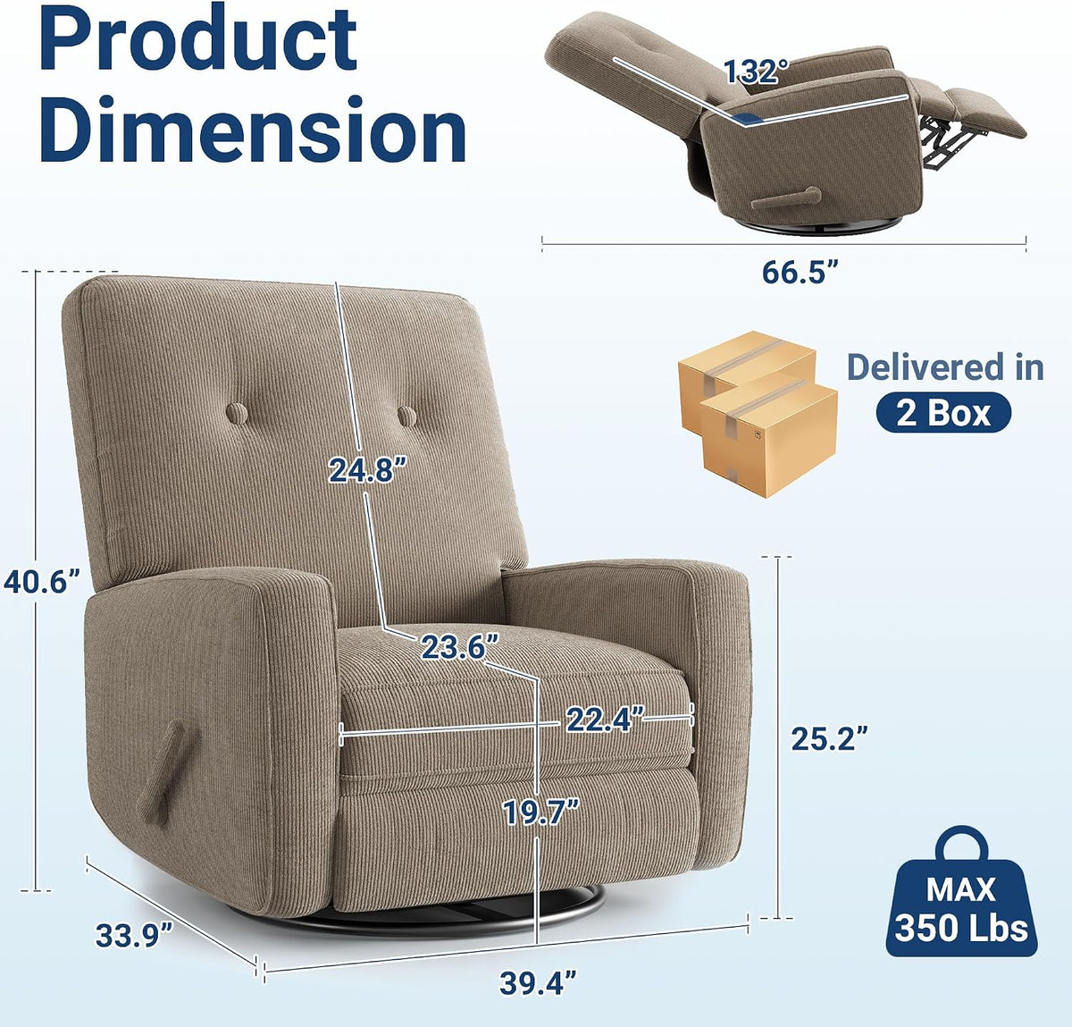 360° Recliner Chair with Adjustable Backrest & Footrest, Beige