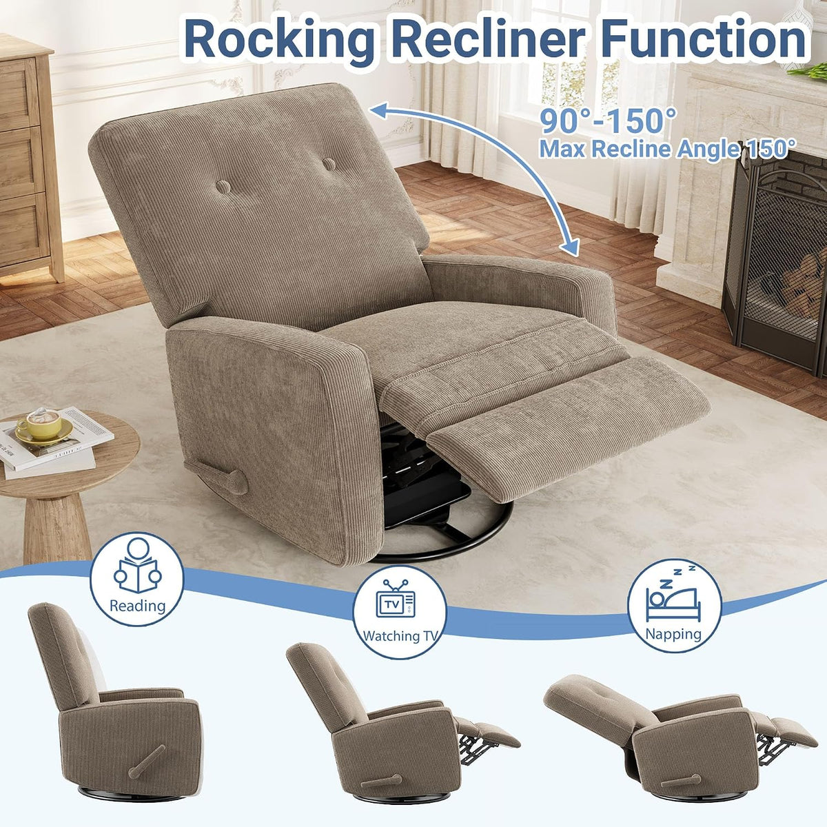 360° Recliner Chair with Adjustable Backrest & Footrest, Beige