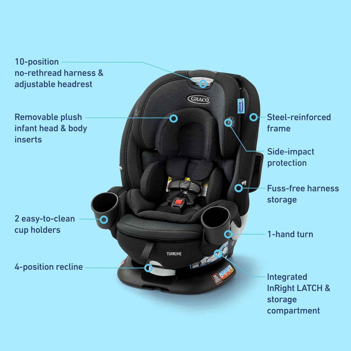 Turn2Me 3-in-1 Rotating Convertible Car Seat, Manchester, Rear-Facing Rotation Only, Forward-Facing Mode, Highback Booster Up to 100 lbs, Adjustable Headrest & Harness, Steel Reinforced Frame