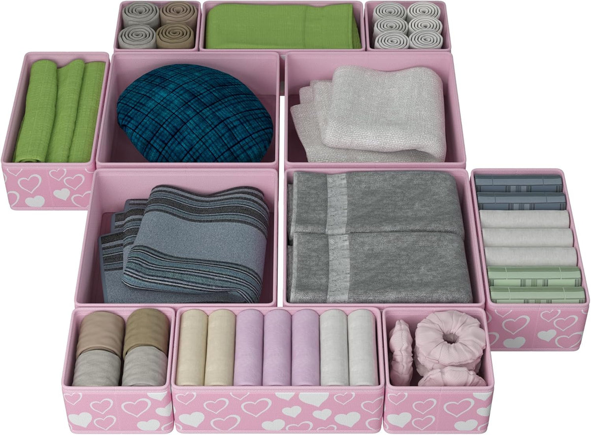 12 Pack Foldable Pink Drawer Organizers – Fabric Baby Clothes Organizer for Nursery Dresser & Closet | Pink Storage Bins, Drawer Dividers for Baby Clothes, Diapers, Socks & Toys