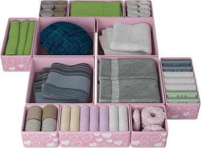 12 Pack Foldable Pink Drawer Organizers – Fabric Baby Clothes Organizer for Nursery Dresser & Closet | Pink Storage Bins, Drawer Dividers for Baby Clothes, Diapers, Socks & Toys