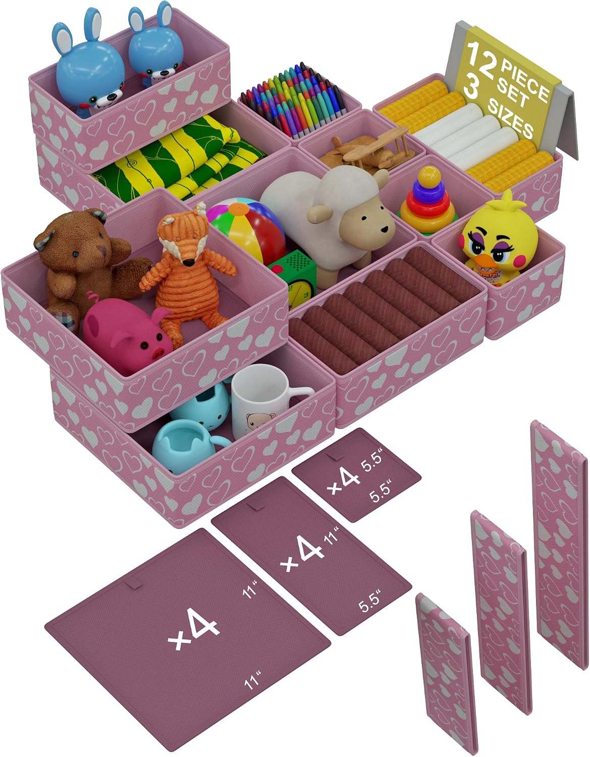 12 Pack Foldable Pink Drawer Organizers – Fabric Baby Clothes Organizer for Nursery Dresser & Closet | Pink Storage Bins, Drawer Dividers for Baby Clothes, Diapers, Socks & Toys
