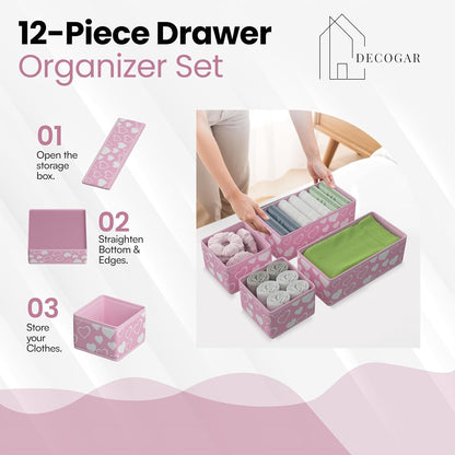 12 Pack Foldable Pink Drawer Organizers – Fabric Baby Clothes Organizer for Nursery Dresser & Closet | Pink Storage Bins, Drawer Dividers for Baby Clothes, Diapers, Socks & Toys