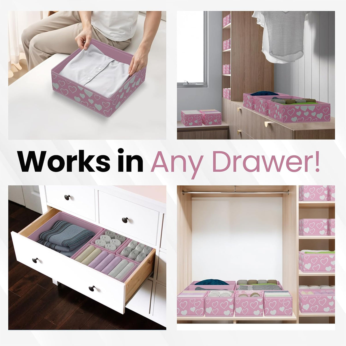 12 Pack Foldable Pink Drawer Organizers – Fabric Baby Clothes Organizer for Nursery Dresser & Closet | Pink Storage Bins, Drawer Dividers for Baby Clothes, Diapers, Socks & Toys