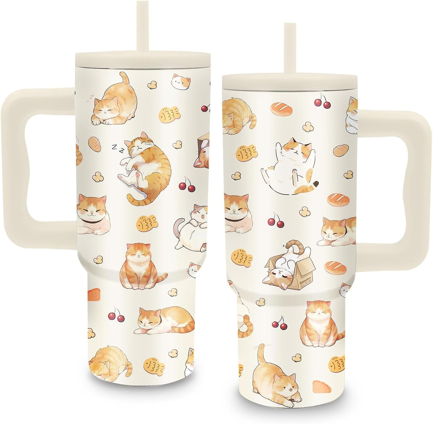24oz Cat Tumbler with Handle and Straw, Cat Lovers Gifts for Women(1pc) | Stainless Steel, Leakproof, BPA Free, Insulated Travel Mug for Home Office Sport, Girls Women Birthday Gift Cup