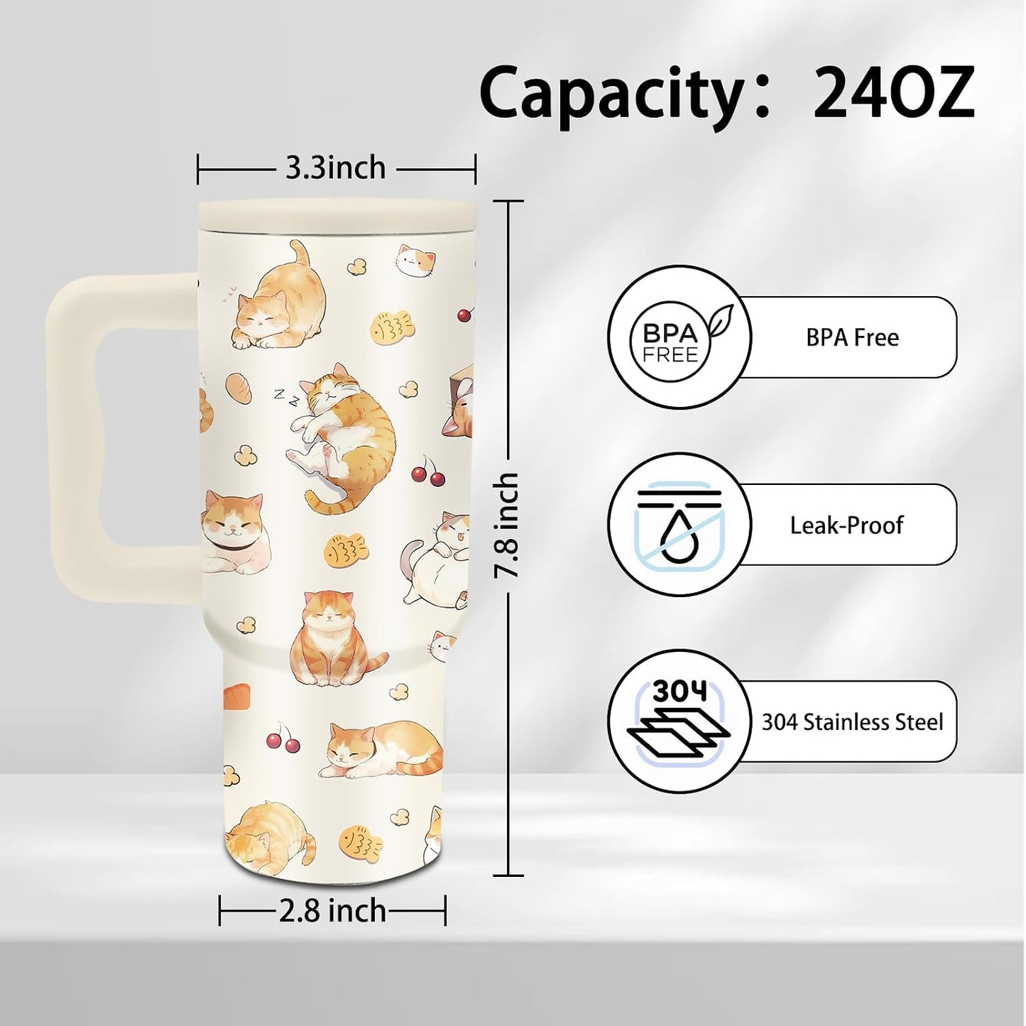 24oz Cat Tumbler with Handle and Straw, Cat Lovers Gifts for Women(1pc) | Stainless Steel, Leakproof, BPA Free, Insulated Travel Mug for Home Office Sport, Girls Women Birthday Gift Cup
