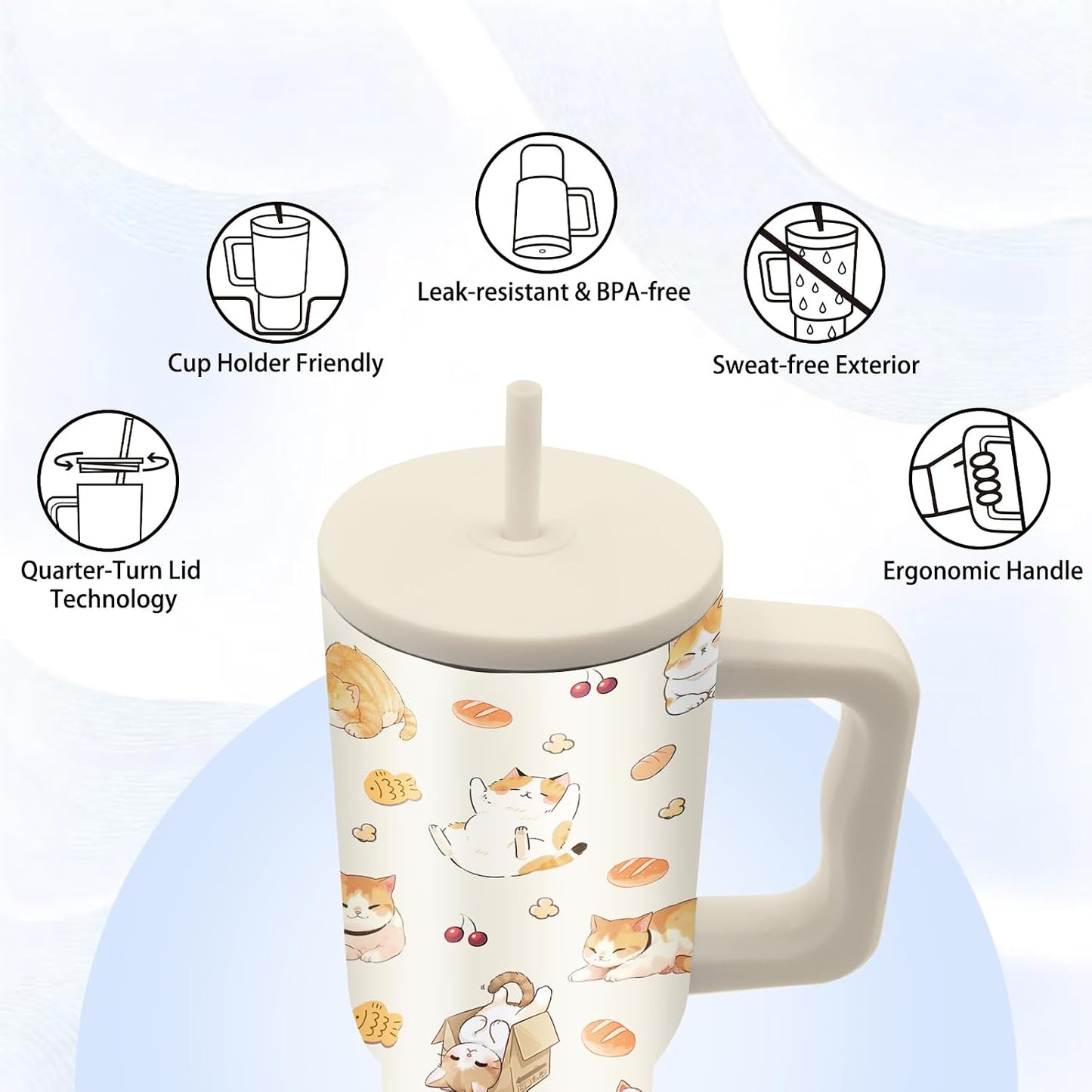 24oz Cat Tumbler with Handle and Straw, Cat Lovers Gifts for Women(1pc) | Stainless Steel, Leakproof, BPA Free, Insulated Travel Mug for Home Office Sport, Girls Women Birthday Gift Cup
