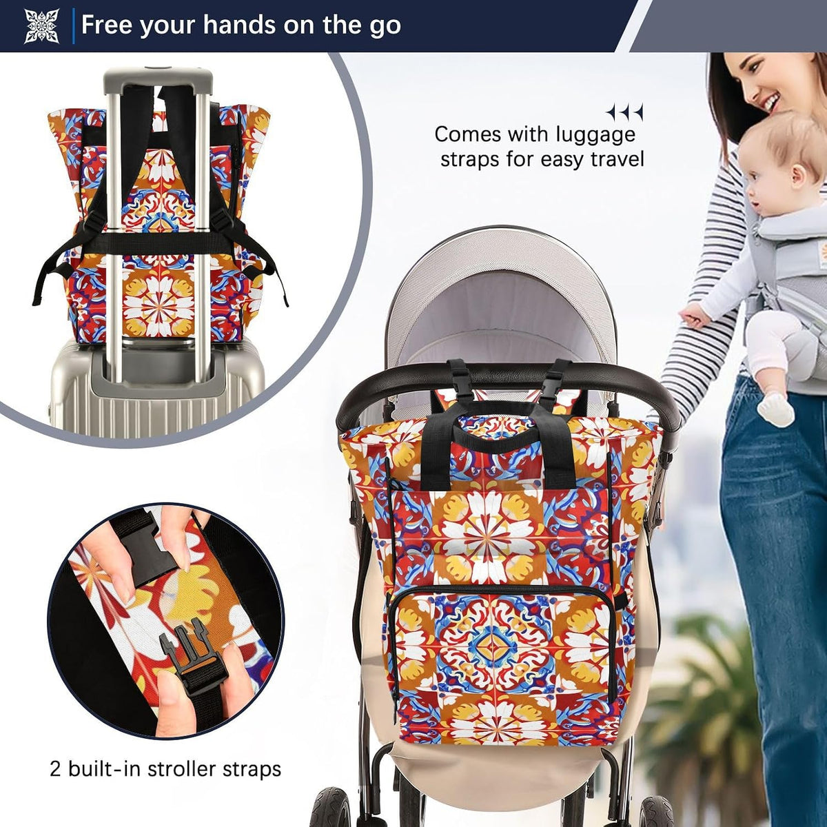 Diaper Bag Backpack, Multifunction Travel Bag for Moms Dads, Baby Changing Bag with Insulted Pockets, Stroller Straps and Side Bottle Pockets Crimson Bloom Pattern