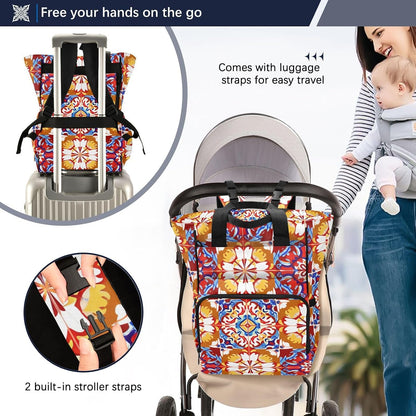 Diaper Bag Backpack, Multifunction Travel Bag for Moms Dads, Baby Changing Bag with Insulted Pockets, Stroller Straps and Side Bottle Pockets Crimson Bloom Pattern
