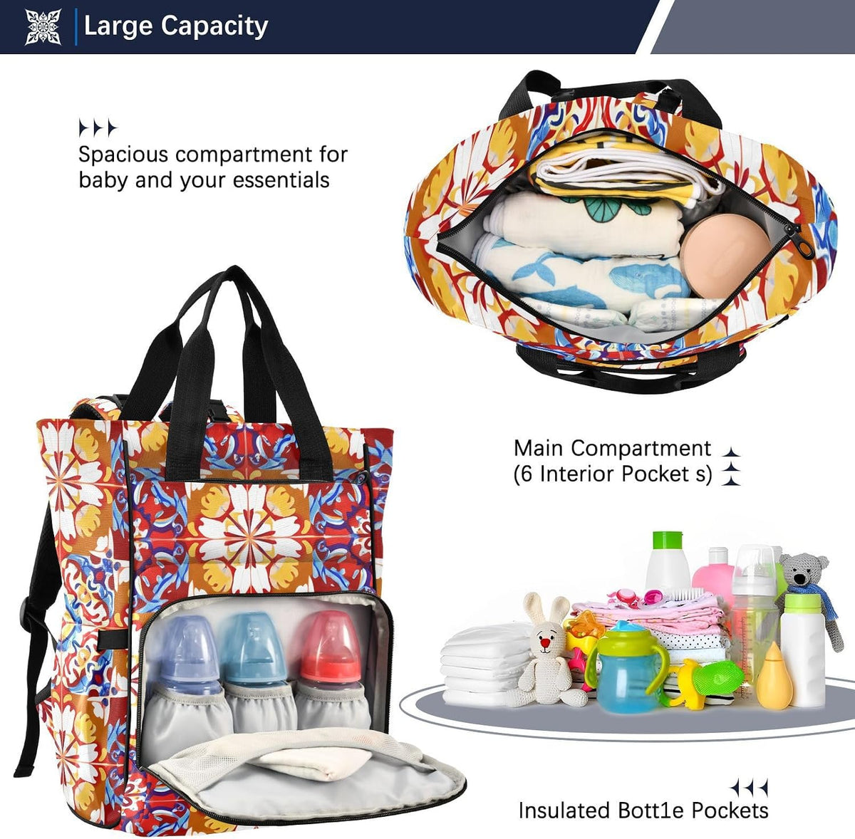 Diaper Bag Backpack, Multifunction Travel Bag for Moms Dads, Baby Changing Bag with Insulted Pockets, Stroller Straps and Side Bottle Pockets Crimson Bloom Pattern