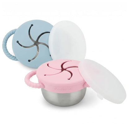 2 Pack Stainless Steel Toddler Snack Cups, Spill Proof Snack Containers with Silicone Food Catcher & Handles, 9 oz Baby Snack Cup Holder with Lid for Kids, Dishwasher Safe (Blue & Pink)
